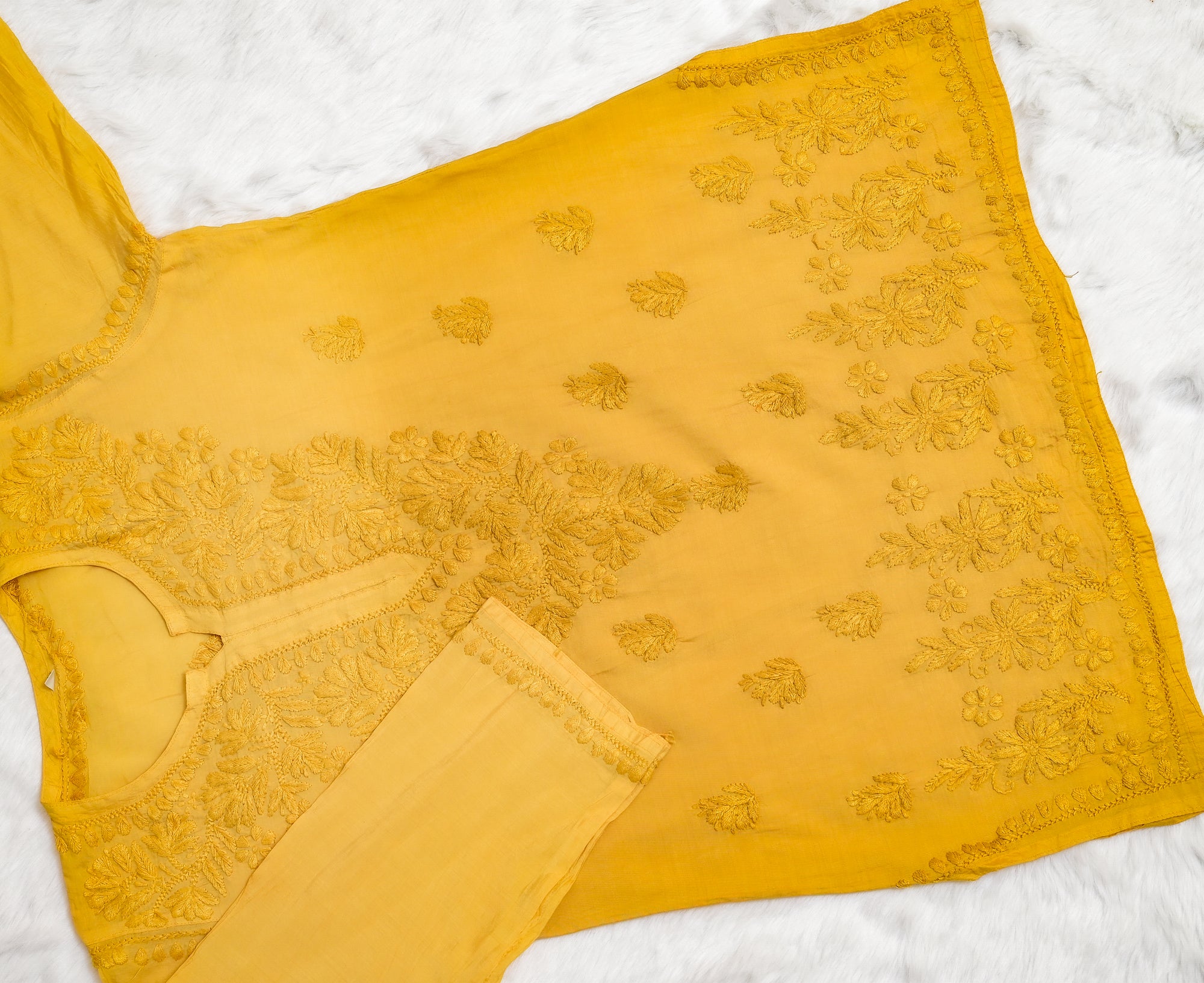 Mustard Chanderi Short Ombre Chikankari Kurta