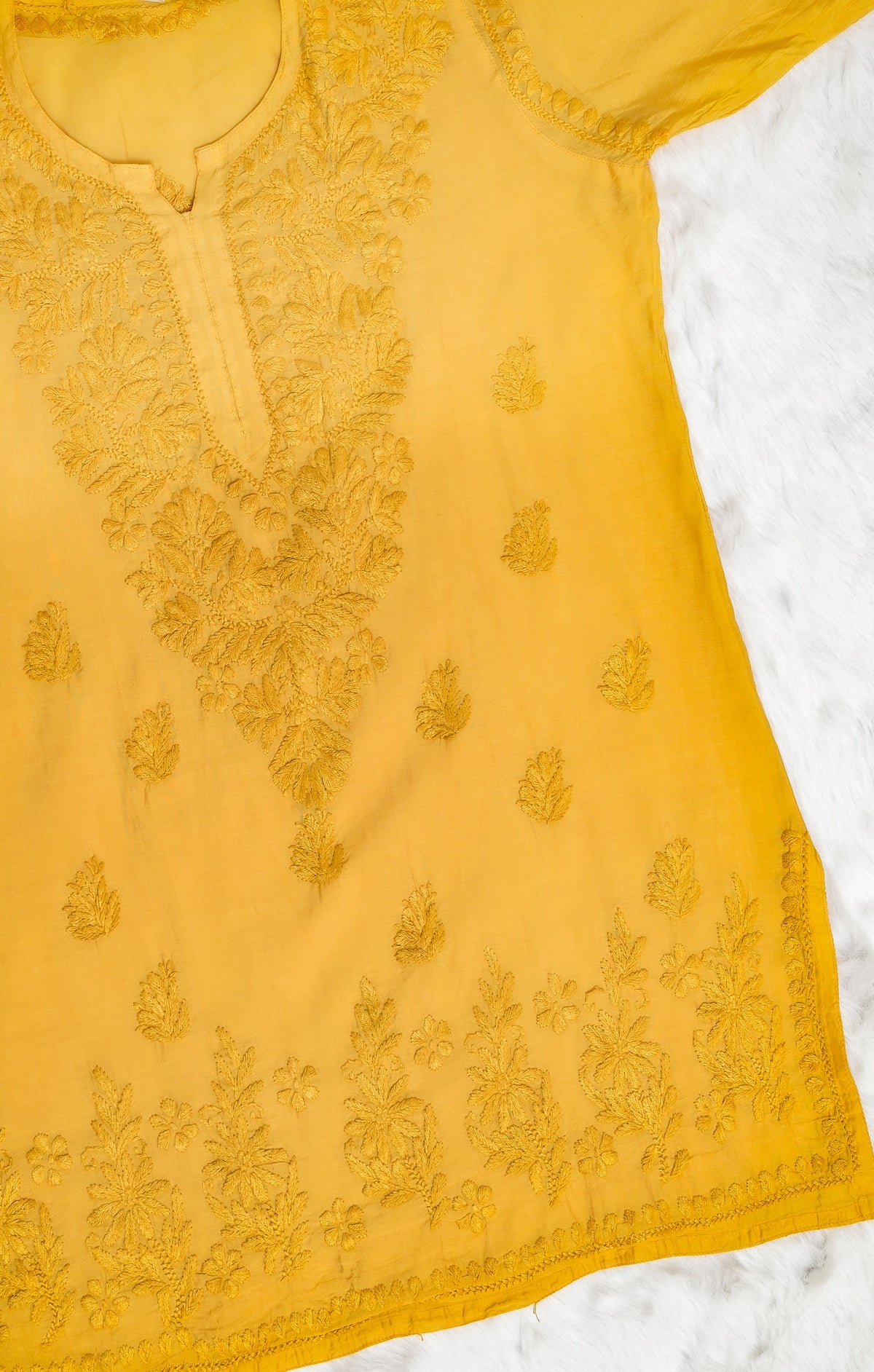 Mustard Chanderi Short Ombre Chikankari Kurta