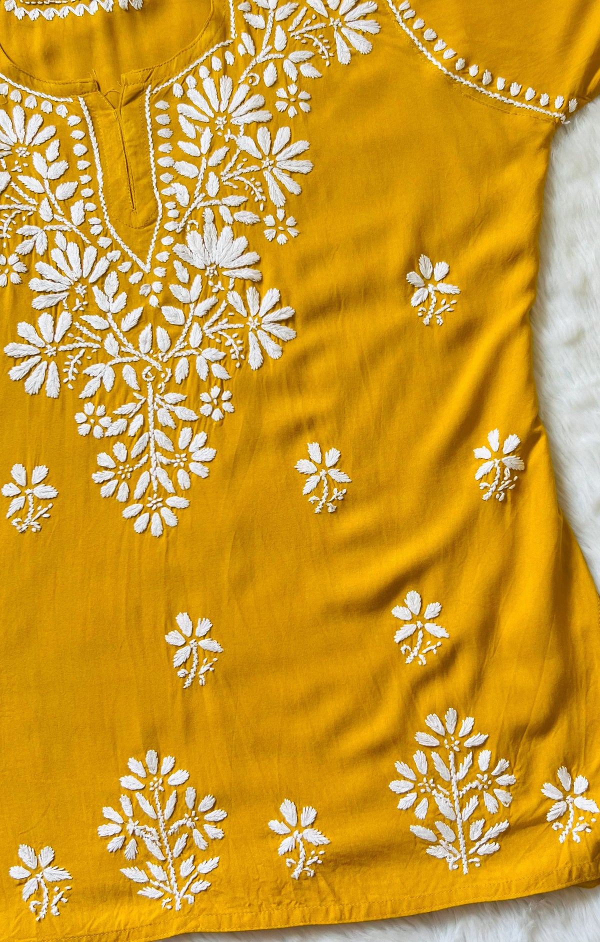 Mustard Short Rayon Kurta with White Chikankari