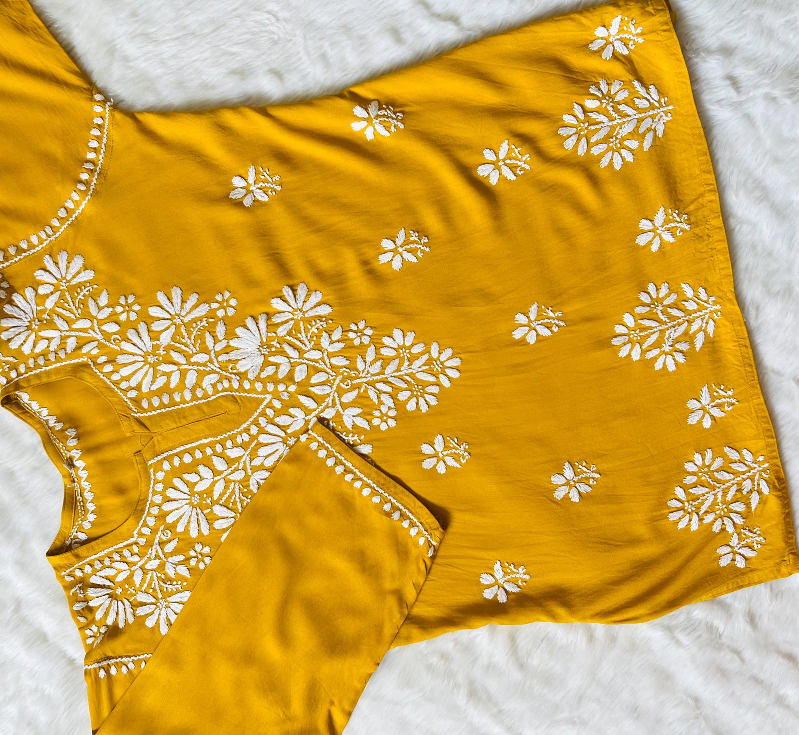 Mustard Short Rayon Kurta with White Chikankari