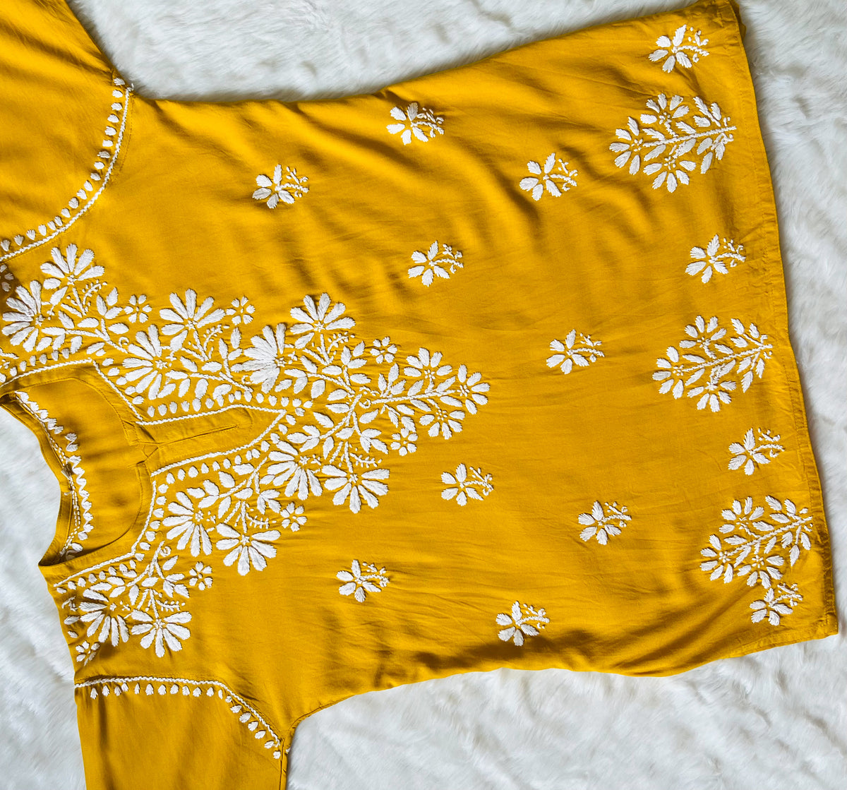 Mustard Short Rayon Kurta with White Chikankari