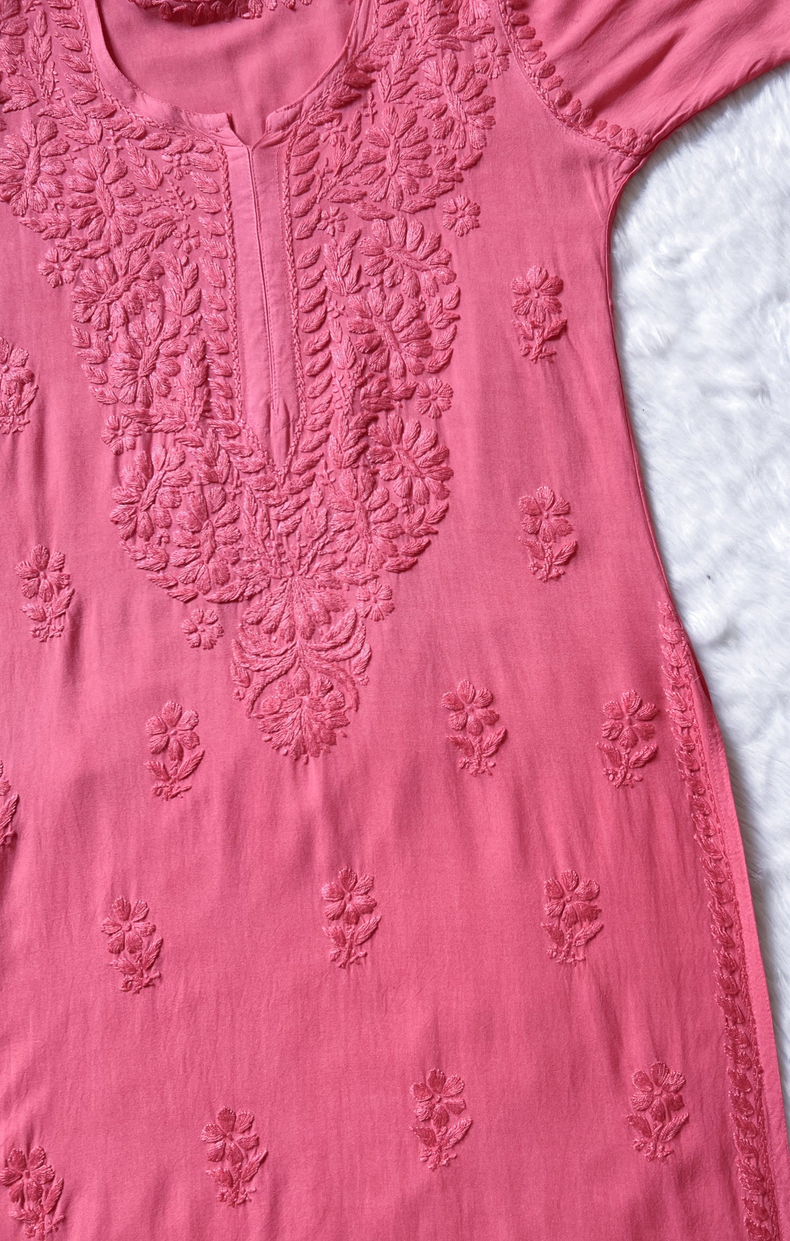Myra Peach Long Rayon Chikankari Kurta