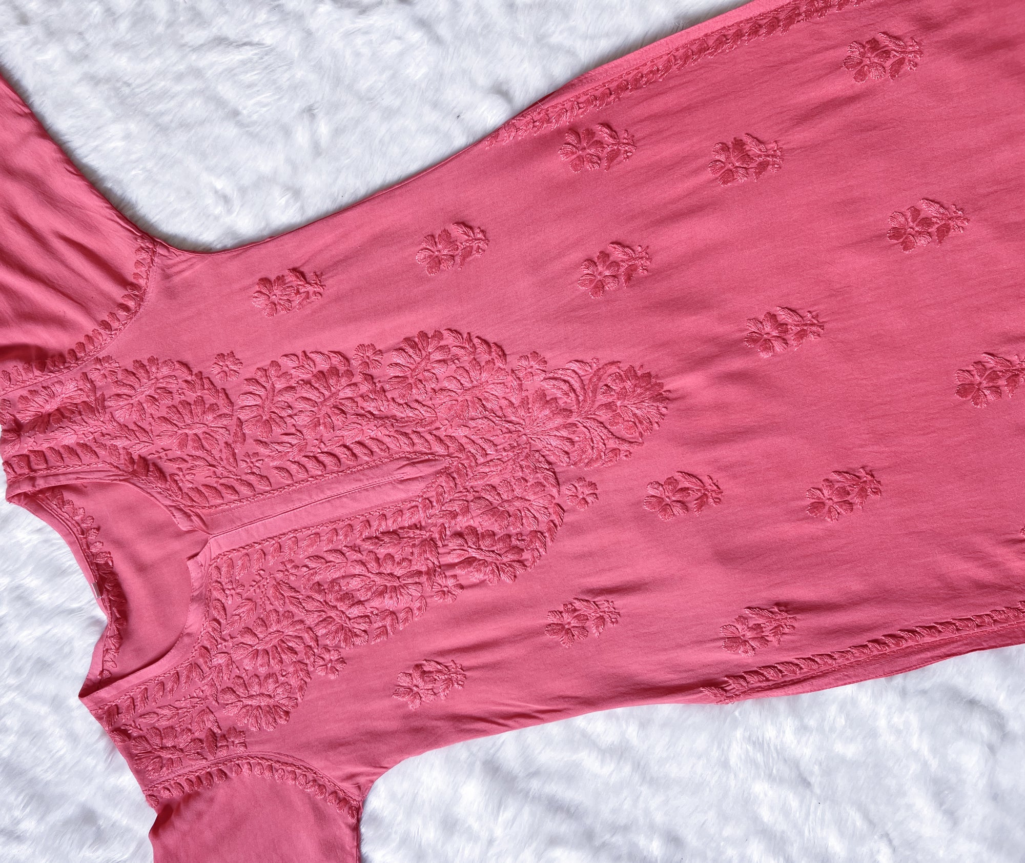 Myra Peach Long Rayon Chikankari Kurta