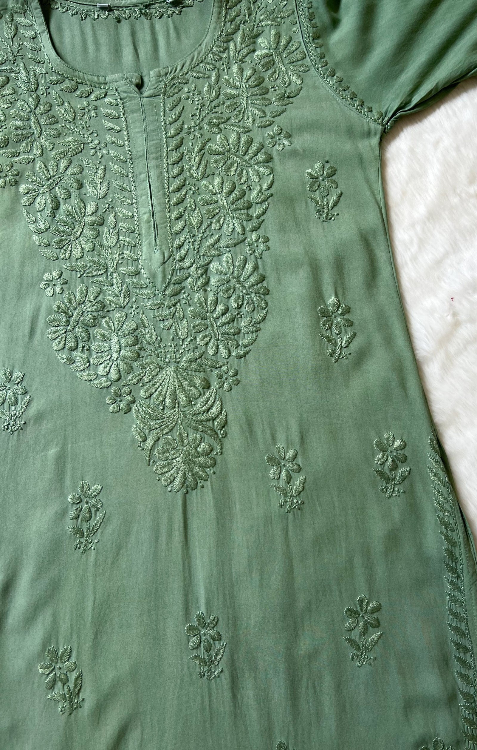 Myra Sage Green Long Rayon Chikankari Kurta