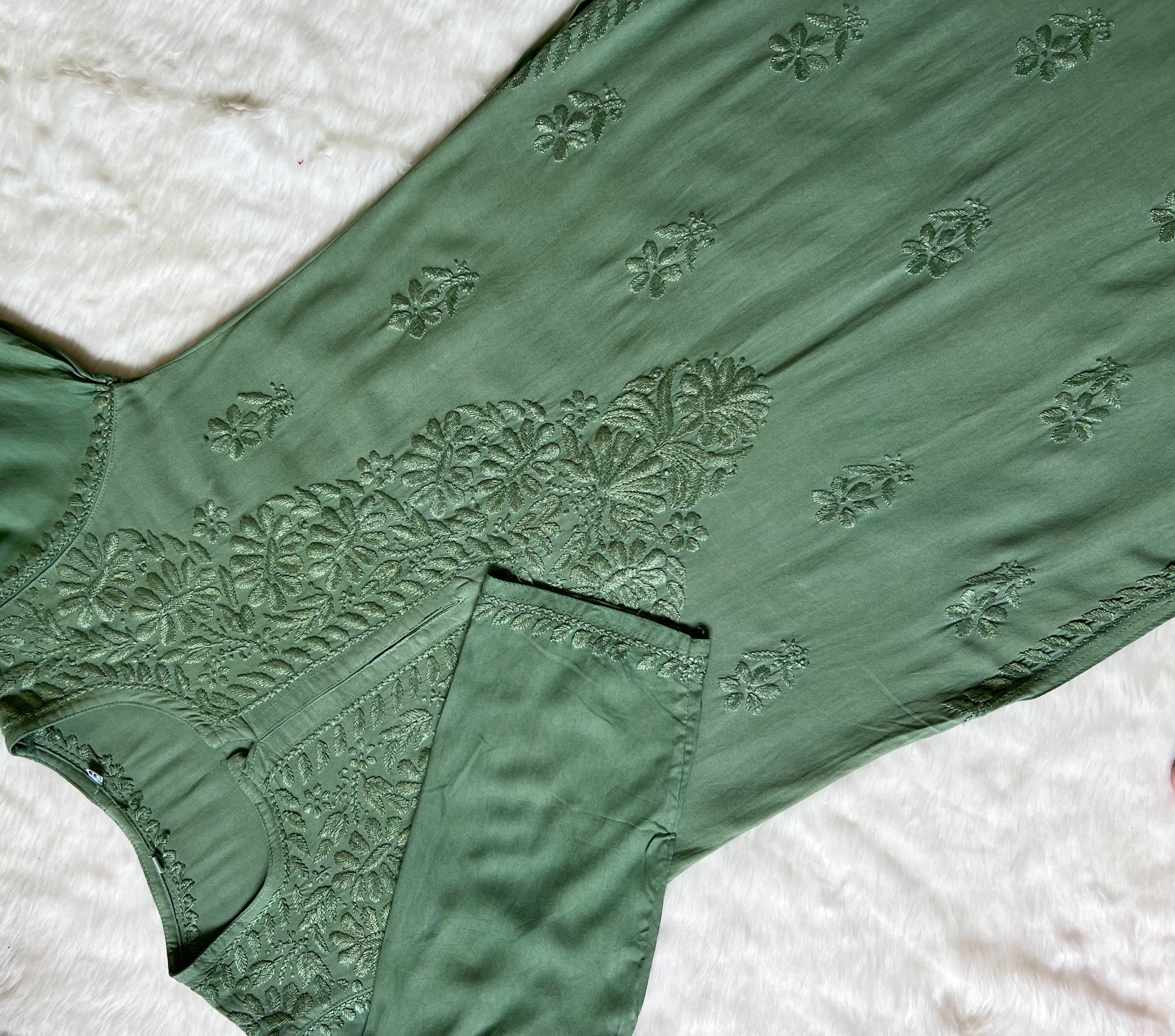 Myra Sage Green Long Rayon Chikankari Kurta