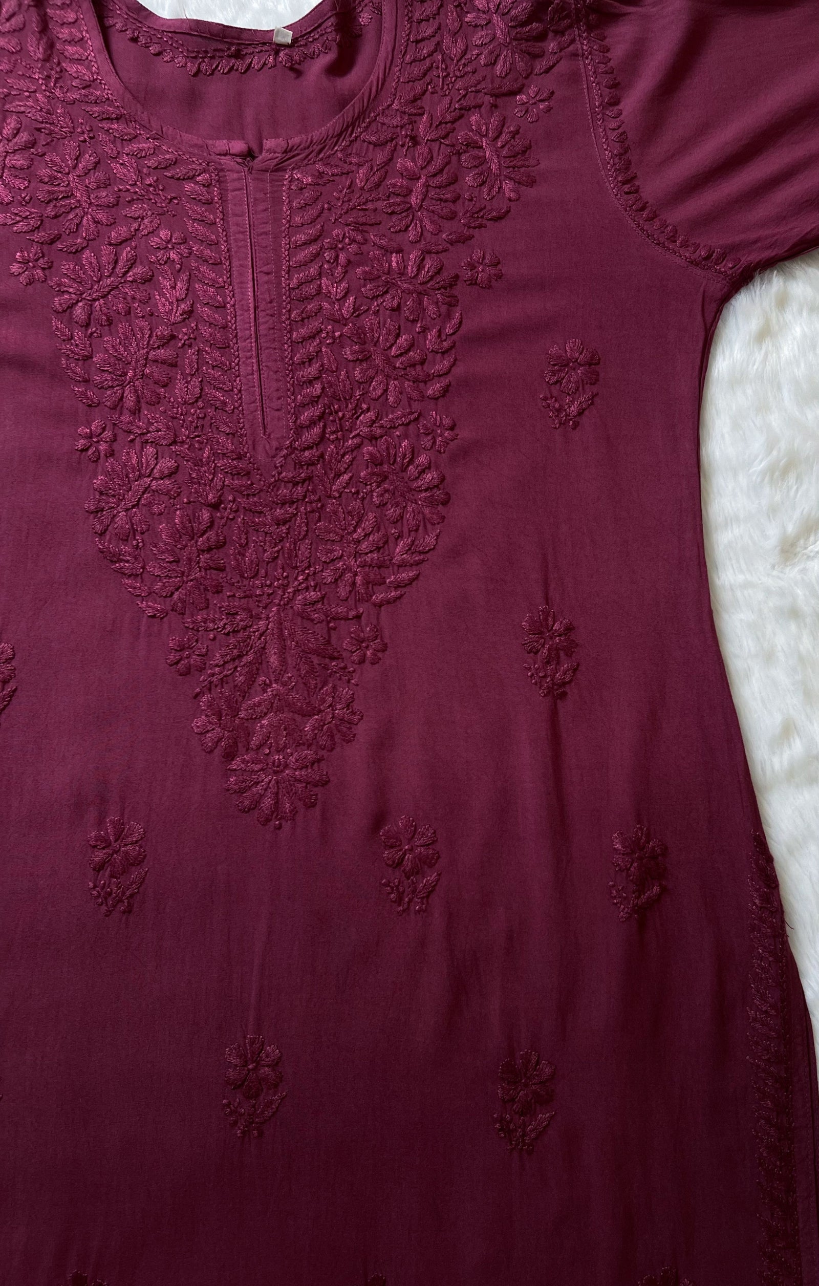 Myra Wine Long Rayon Chikankari Kurta