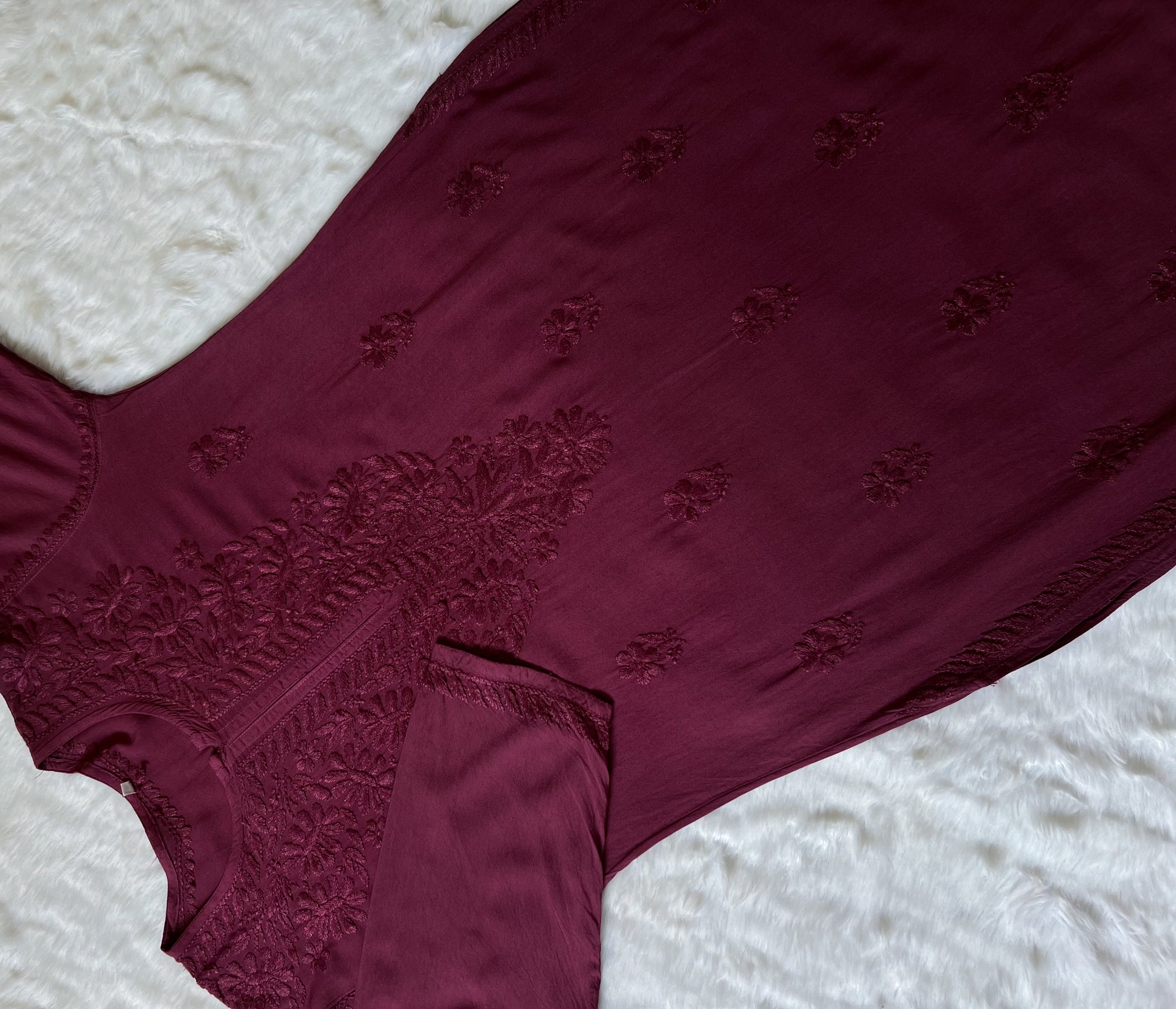 Myra Wine Long Rayon Chikankari Kurta