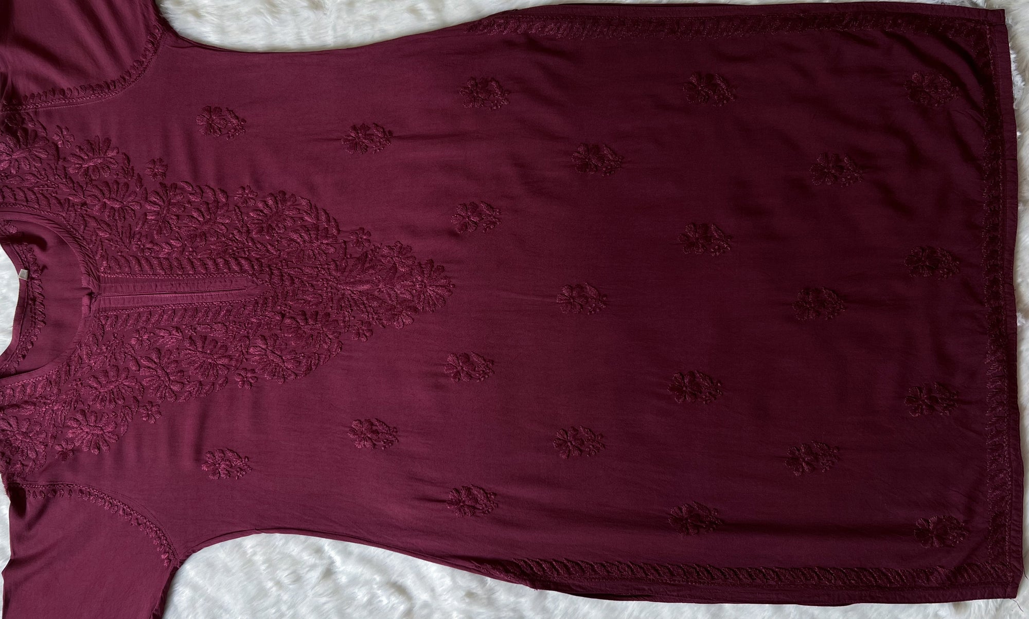 Myra Wine Long Rayon Chikankari Kurta