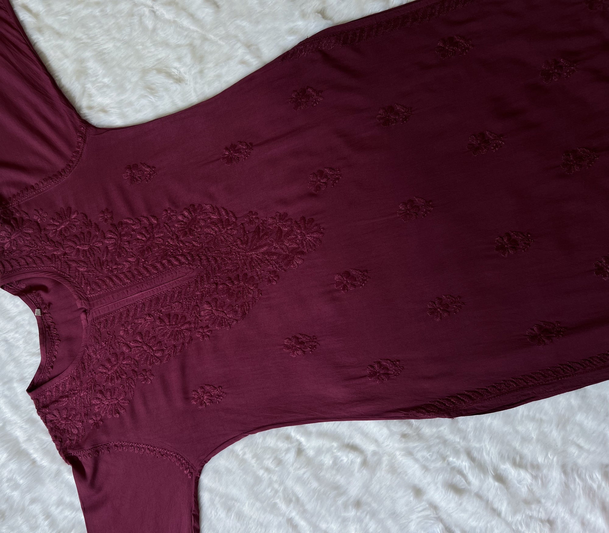 Myra Wine Long Rayon Chikankari Kurta