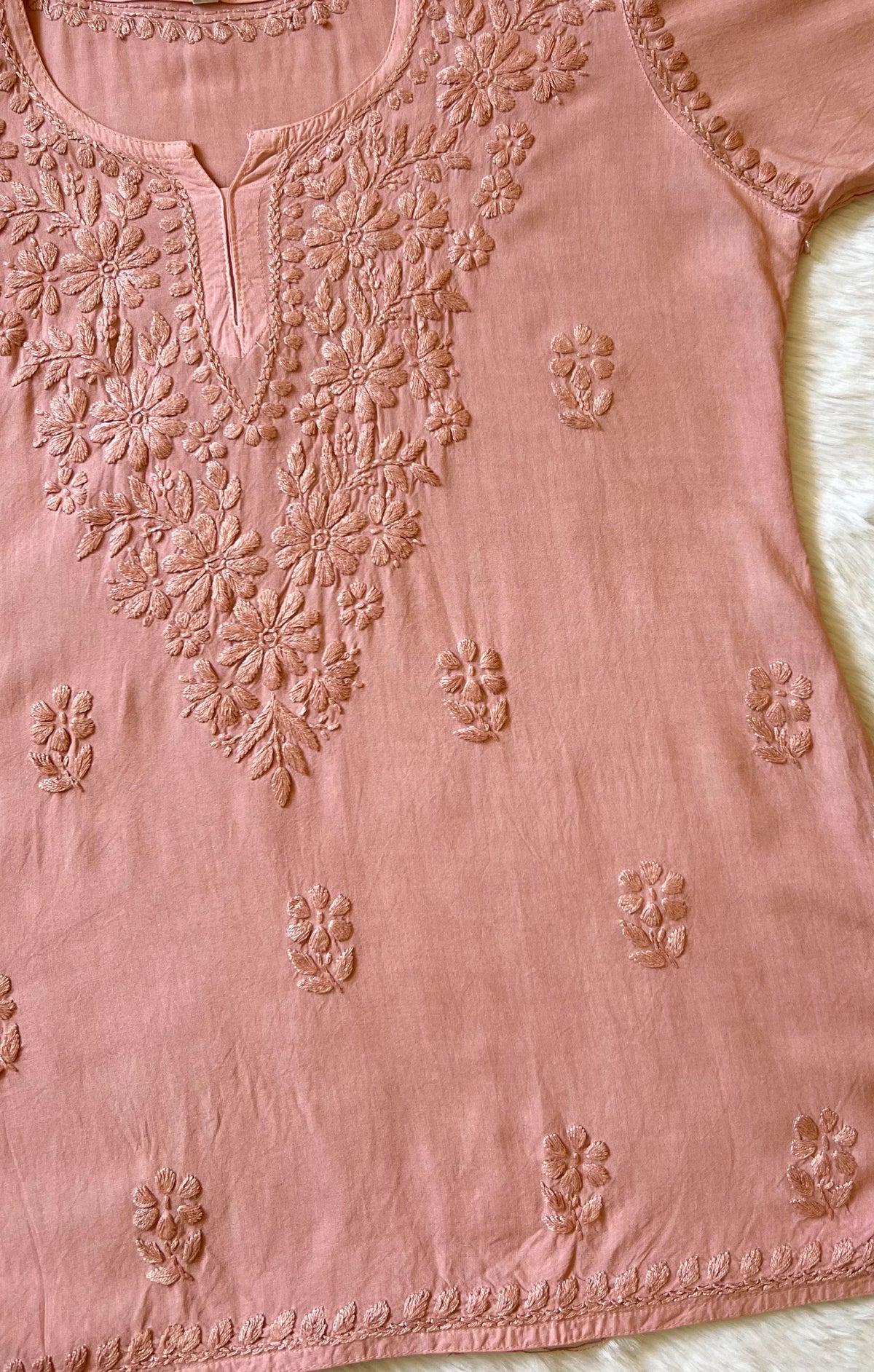 Naaz Beige Short Rayon Kurta with Self Chikankari