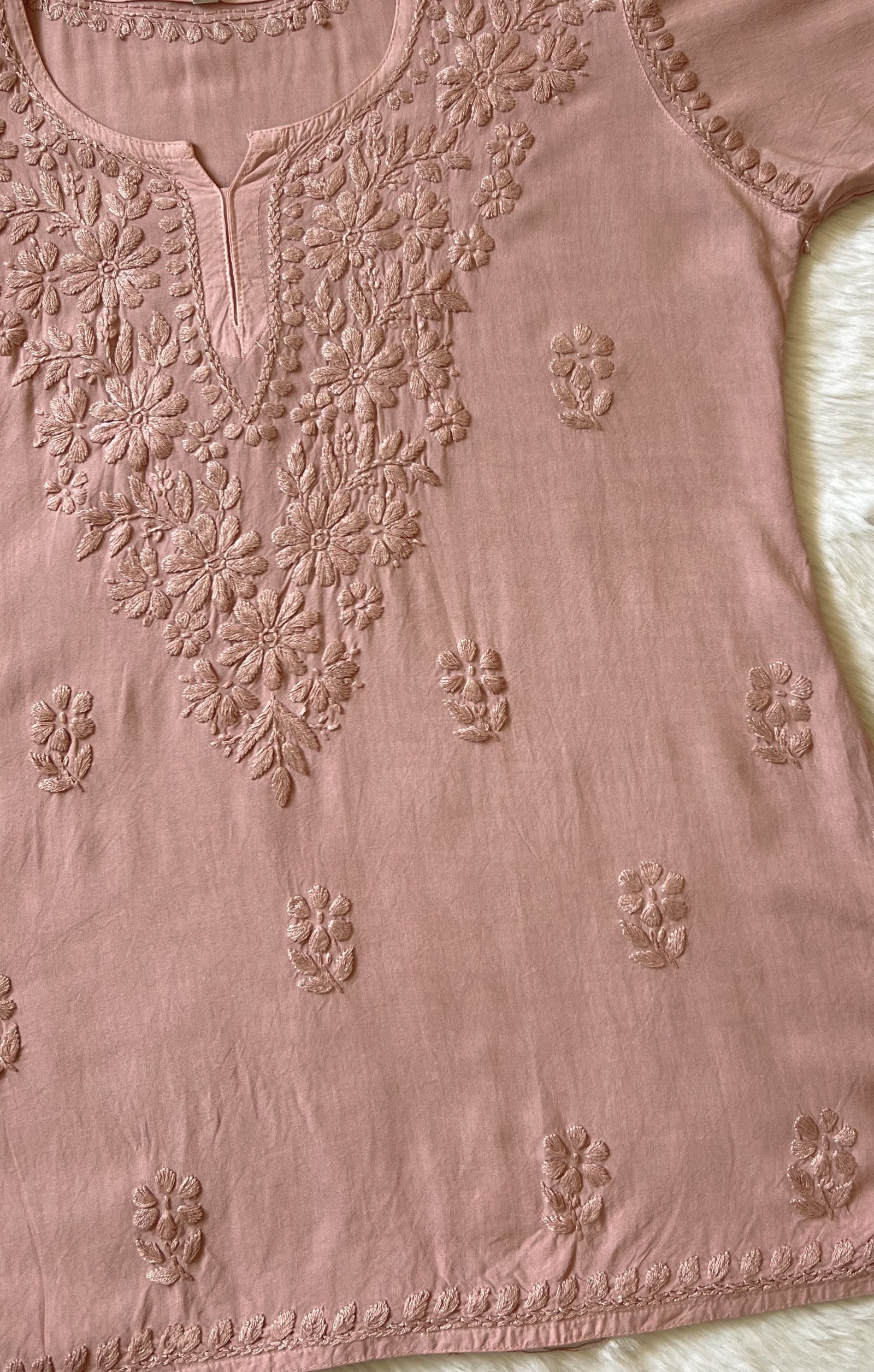 Naaz Beige Short Rayon Kurta with Self Chikankari