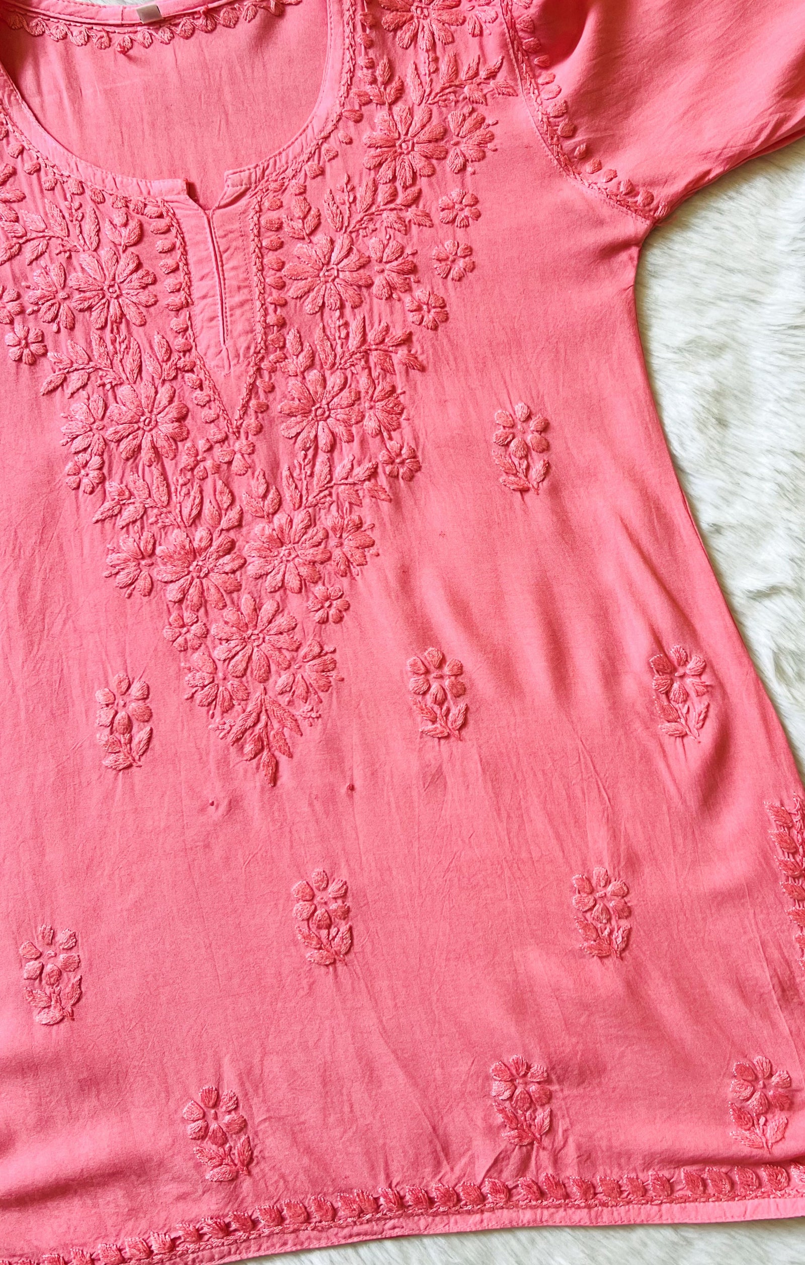 Naaz Coral Short Rayon Kurta with Self Chikankari