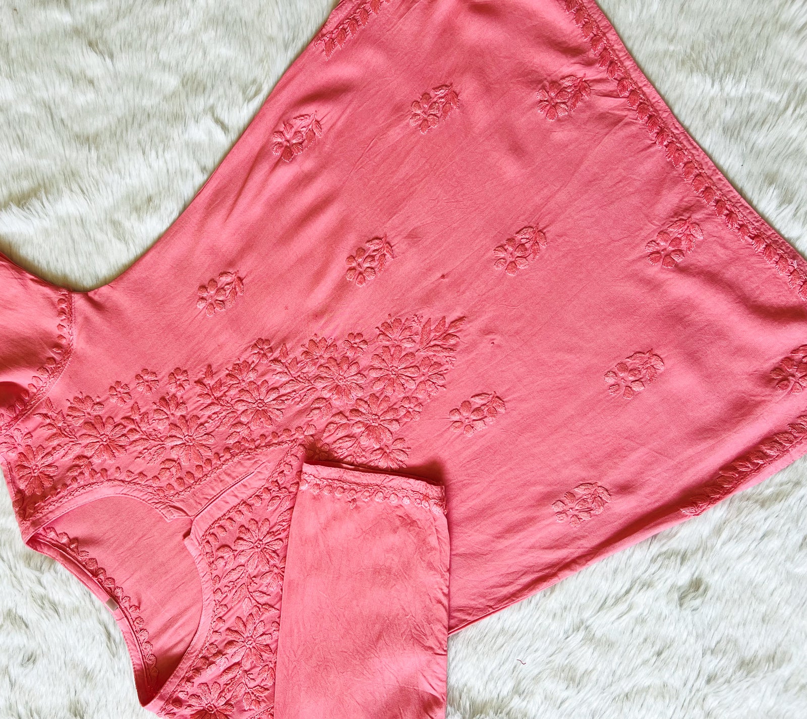 Naaz Coral Short Rayon Kurta with Self Chikankari