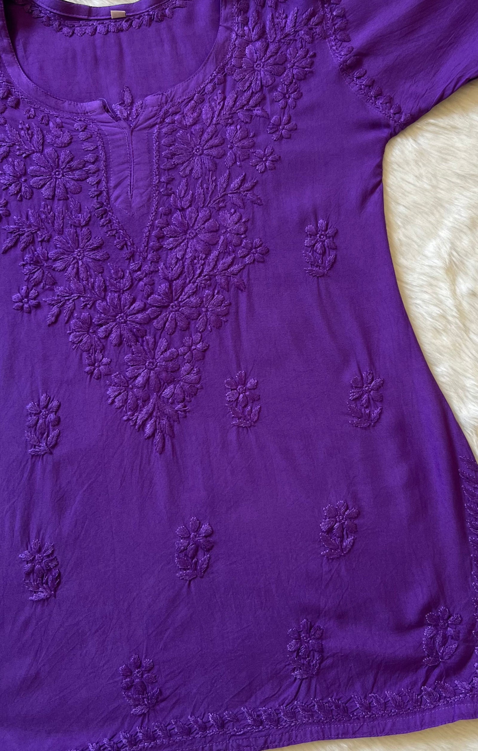 Naaz Dark Purple Short Rayon Kurta with Self Chikankari