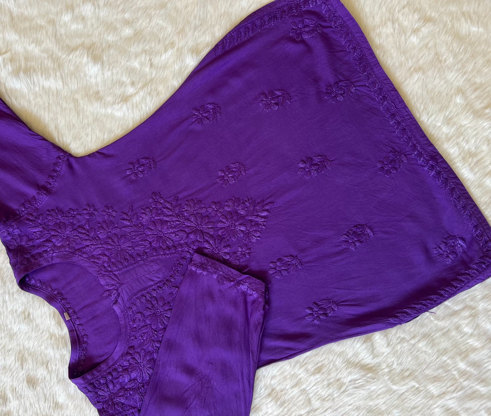 Naaz Dark Purple Short Rayon Kurta with Self Chikankari