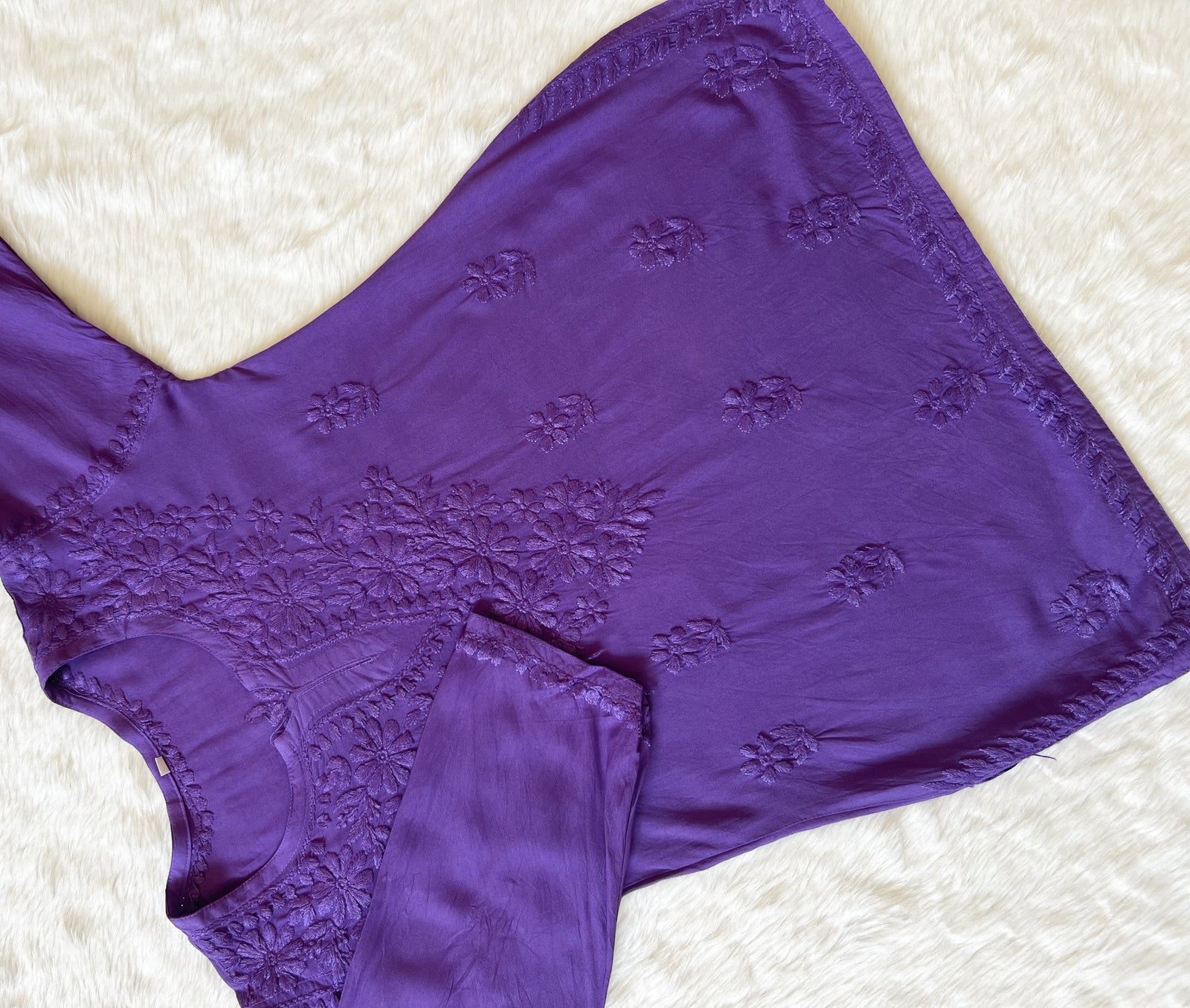 Naaz Lavender Short Rayon Kurta with Self Chikankari