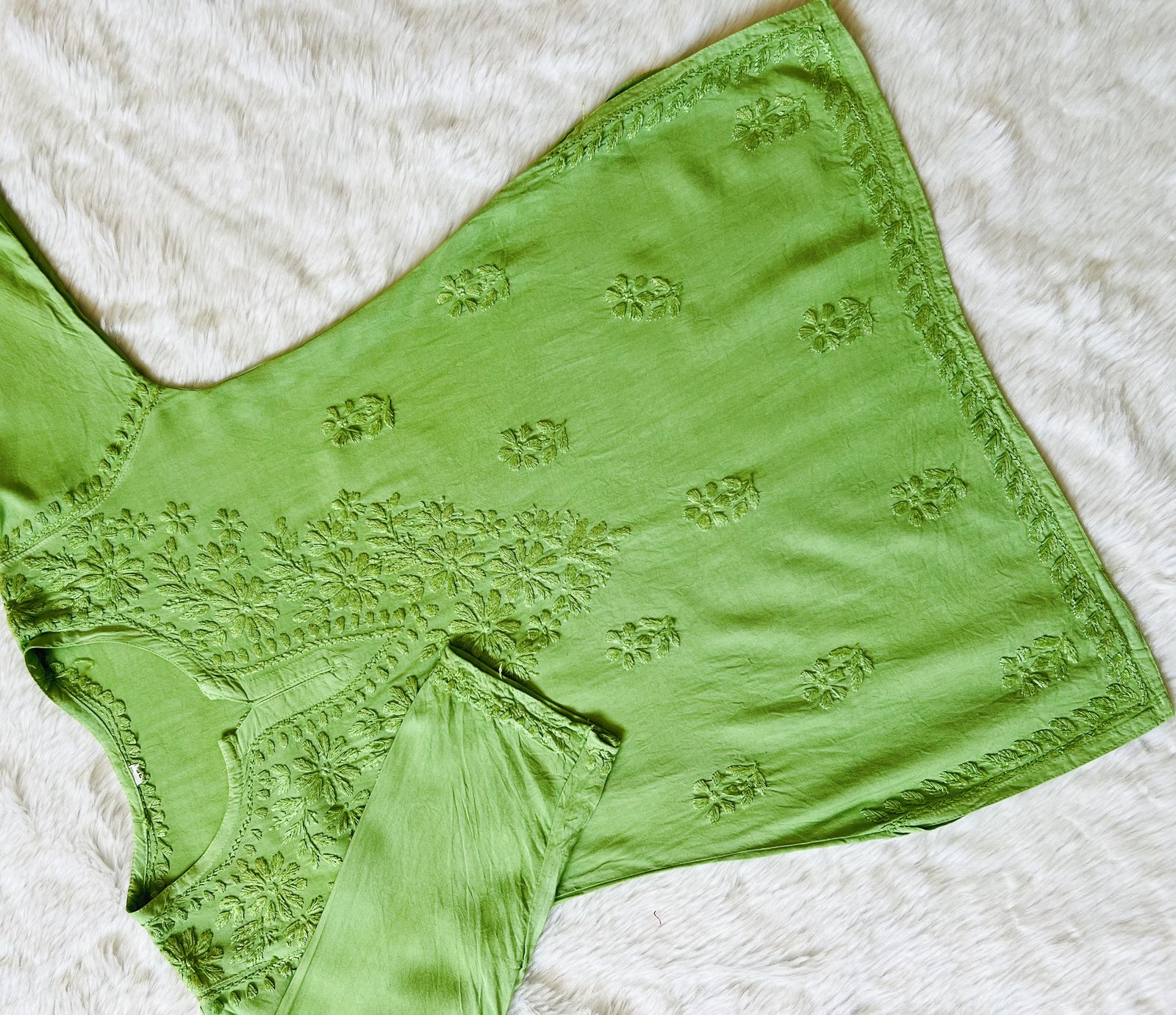Naaz Lime Short Rayon Kurta with Self Chikankari