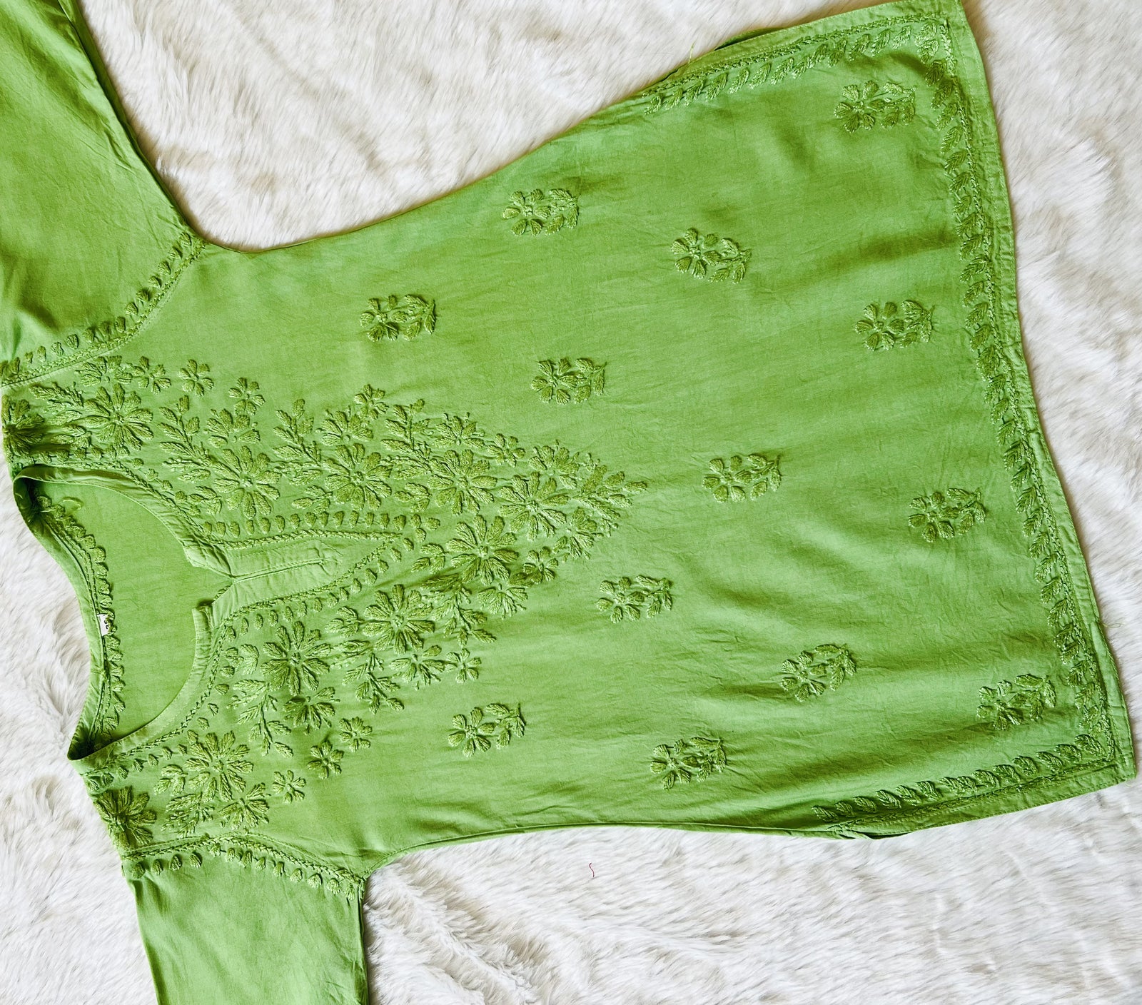 Naaz Lime Short Rayon Kurta with Self Chikankari