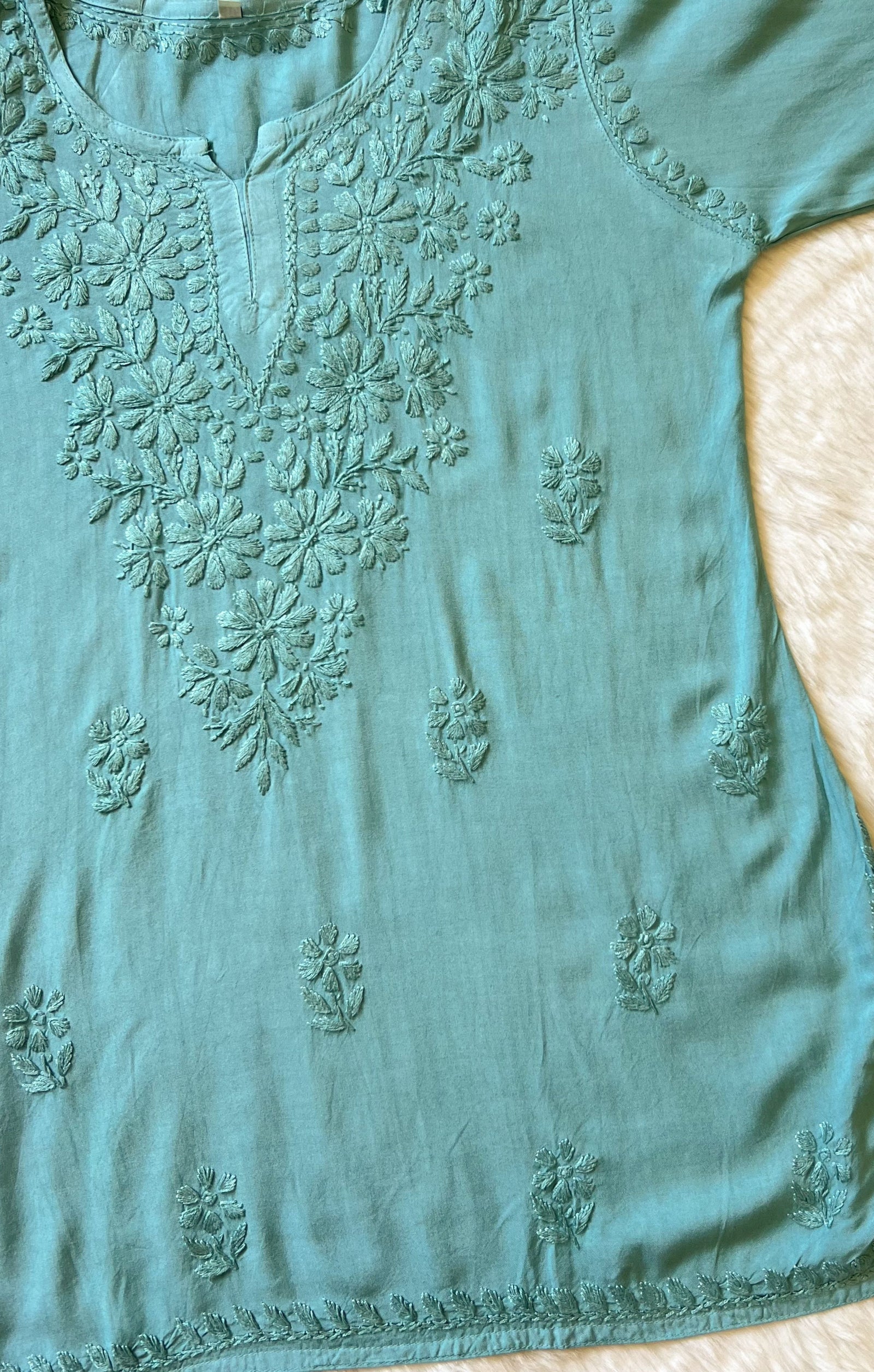 Naaz Misty Teal Short Rayon Kurta with Self Chikankari