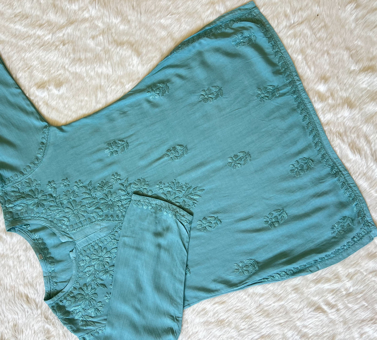 Naaz Misty Teal Short Rayon Kurta with Self Chikankari