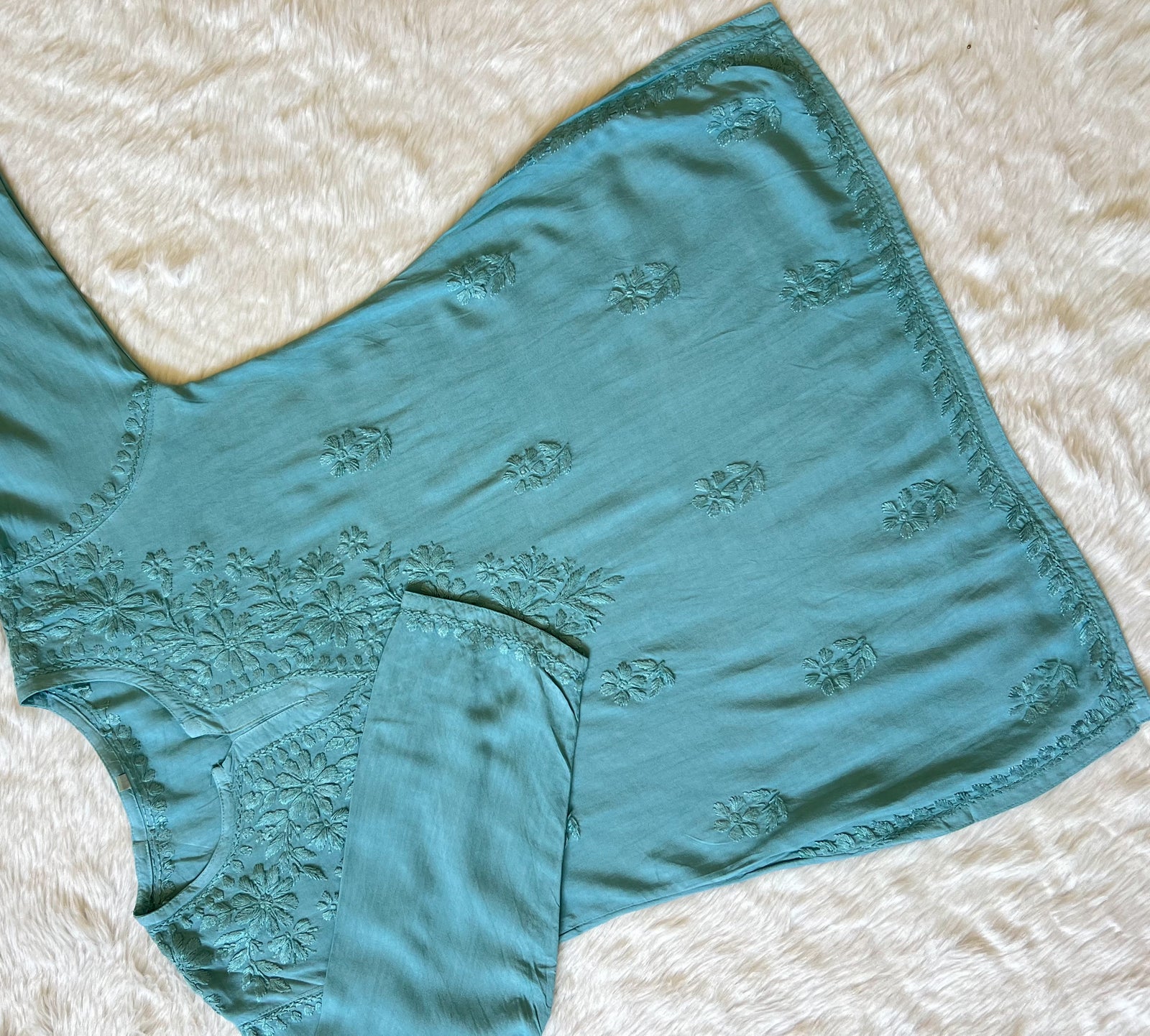 Naaz Misty Teal Short Rayon Kurta with Self Chikankari