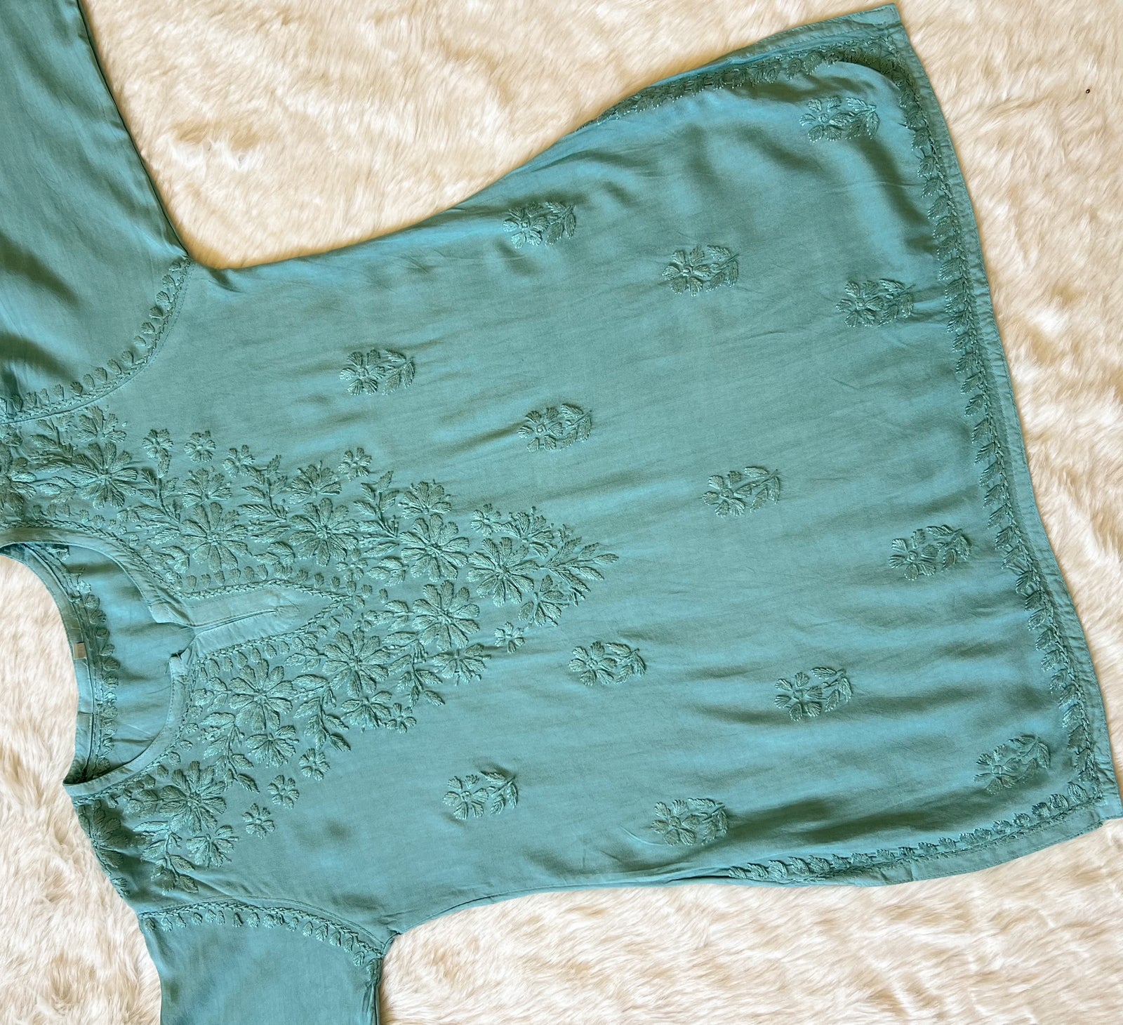 Naaz Misty Teal Short Rayon Kurta with Self Chikankari