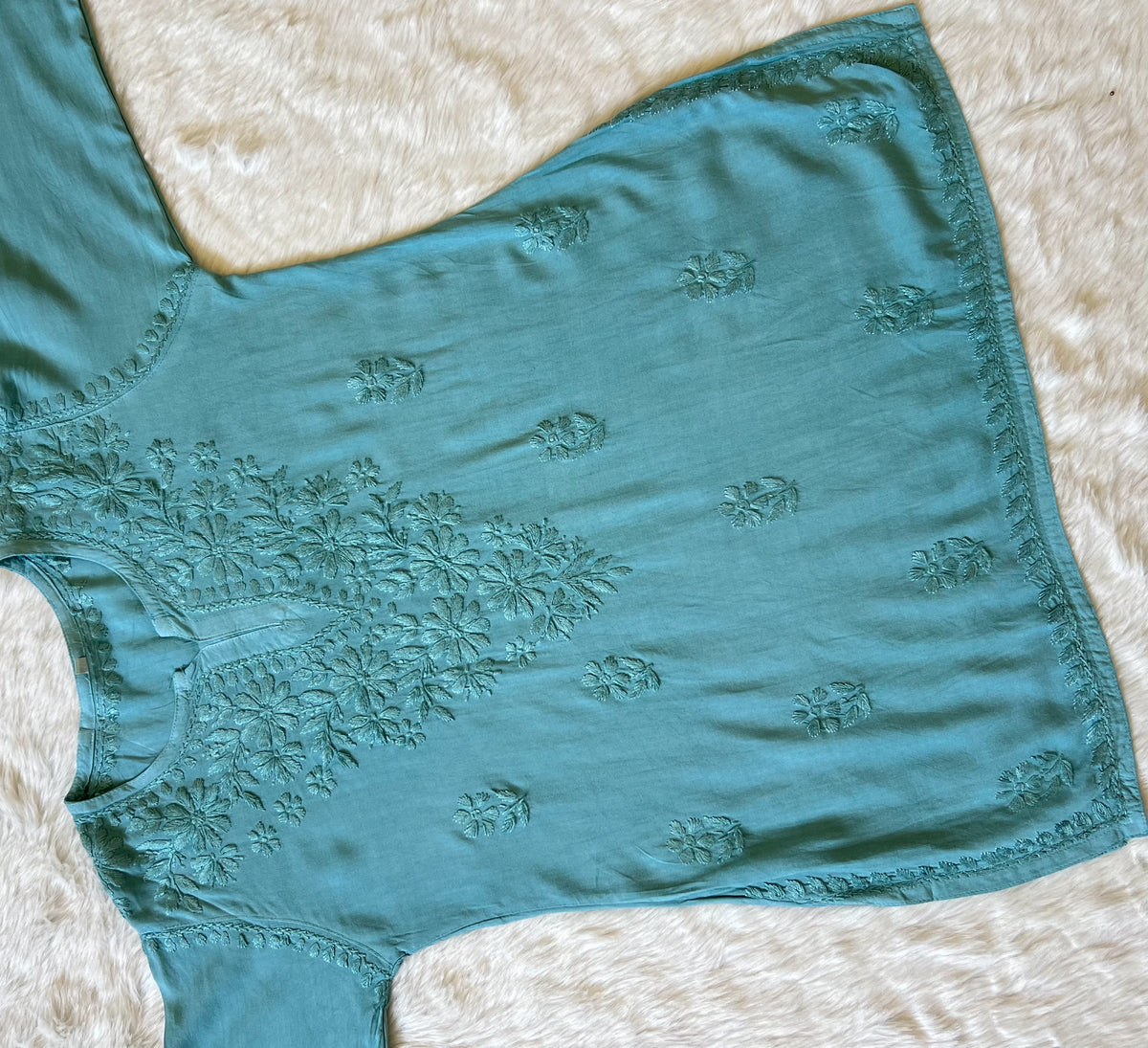 Naaz Misty Teal Short Rayon Kurta with Self Chikankari