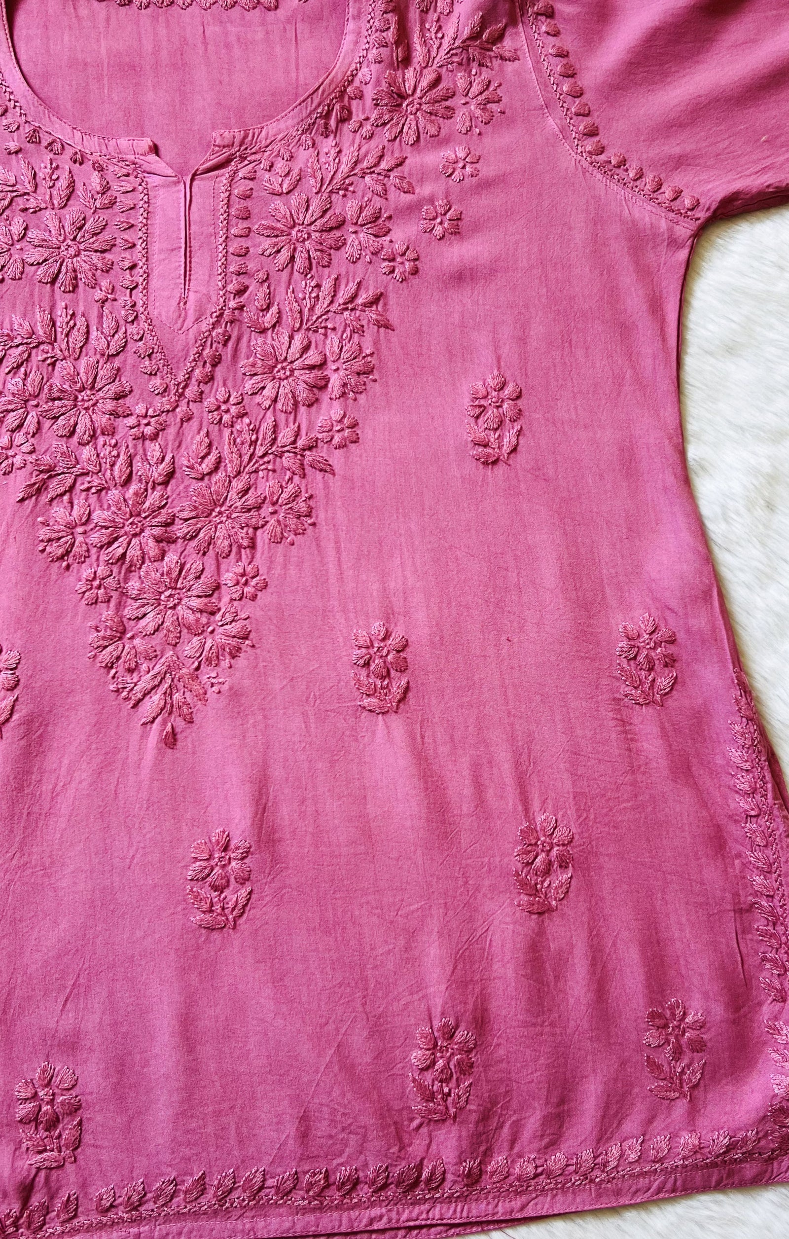 Naaz Rose Pink Short Rayon Kurta with Self Chikankari