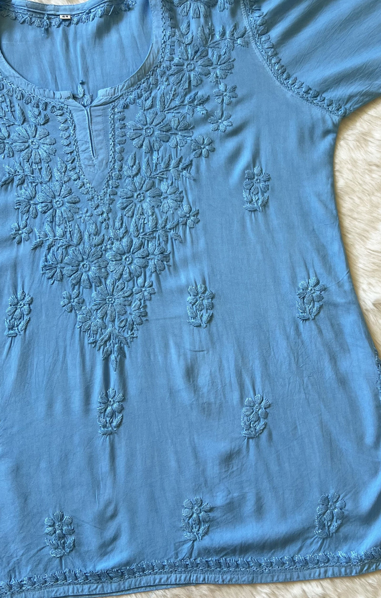 Naaz Sea Blue Short Rayon Kurta with Self Chikankari