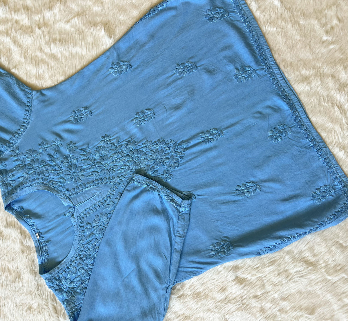 Naaz Sea Blue Short Rayon Kurta with Self Chikankari