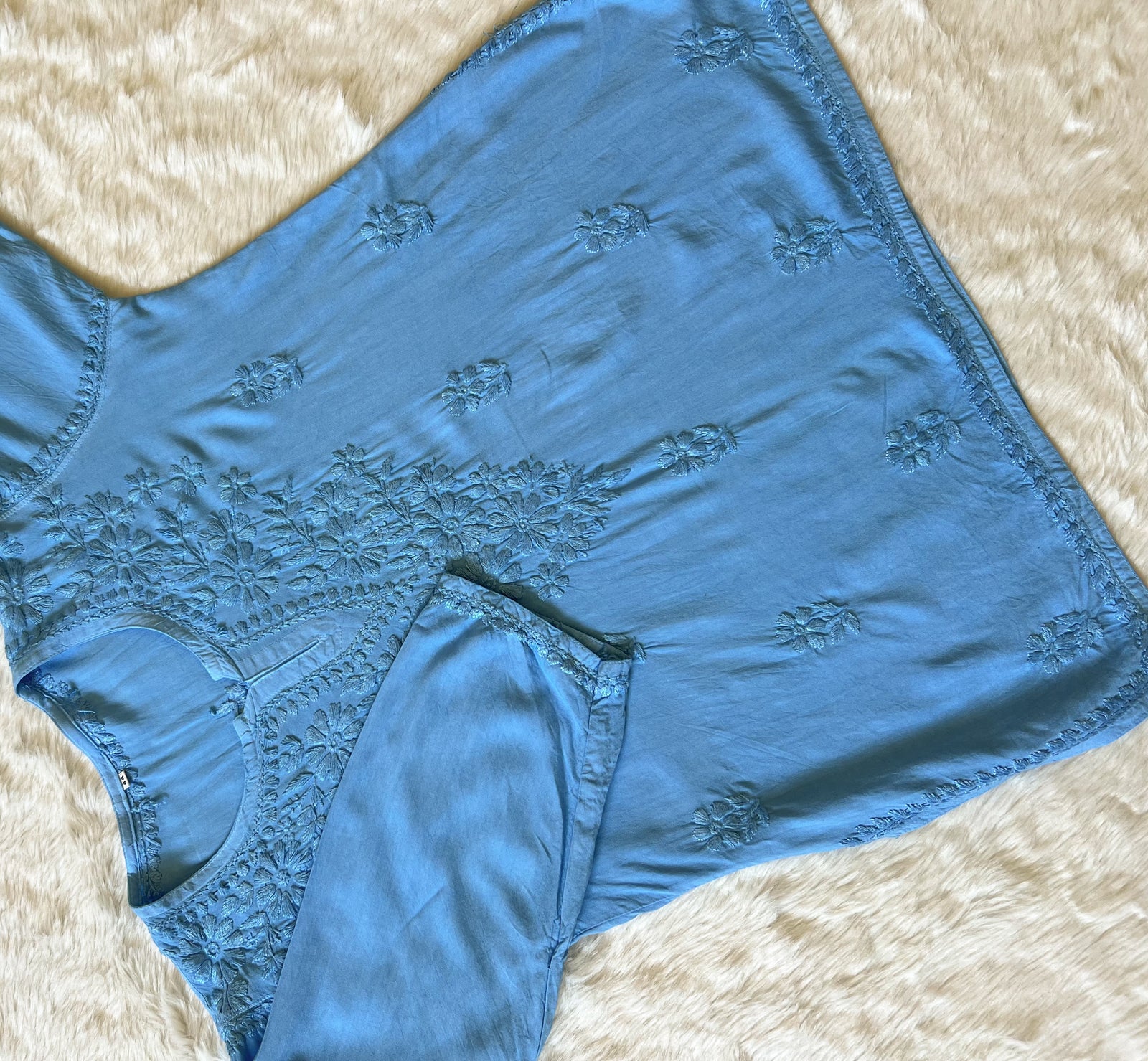 Naaz Sea Blue Short Rayon Kurta with Self Chikankari