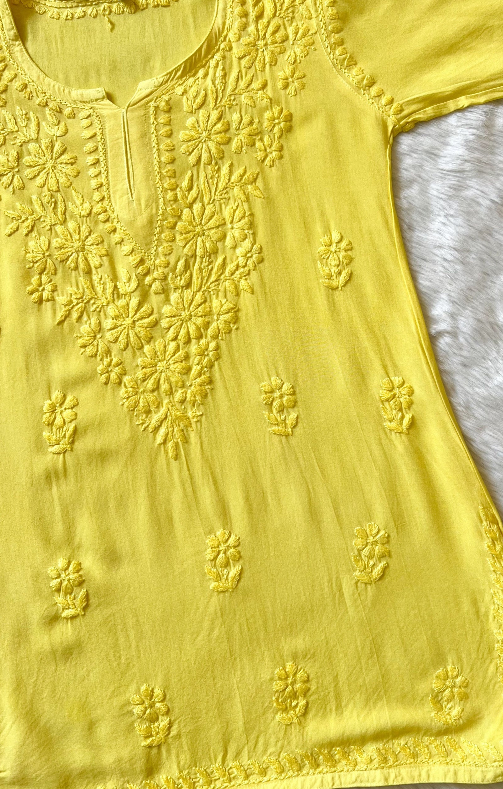 Naaz Yellow Short Rayon Kurta with Self Chikankari