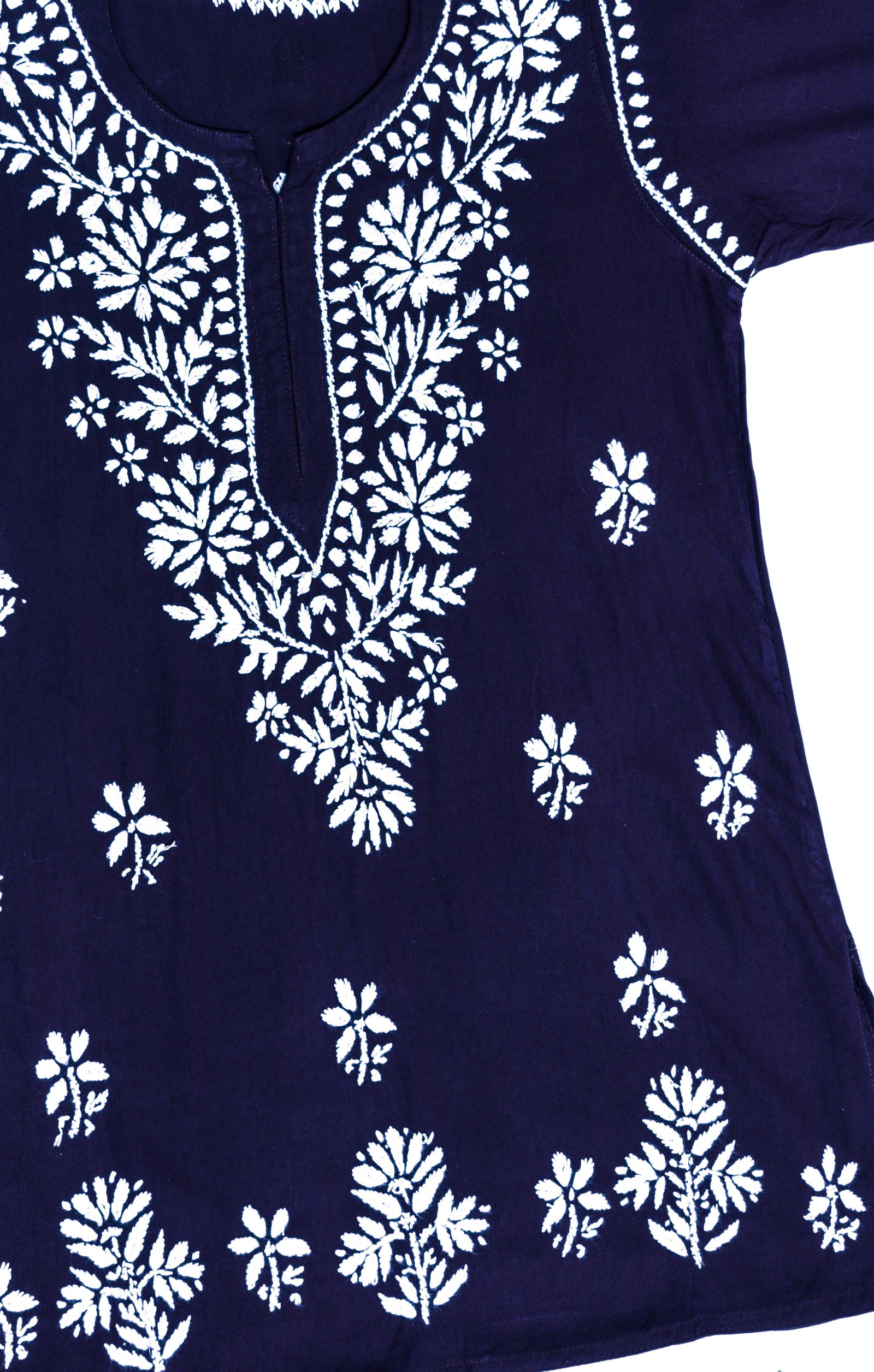 Navy Blue Short Rayon Kurta with White Chikankari