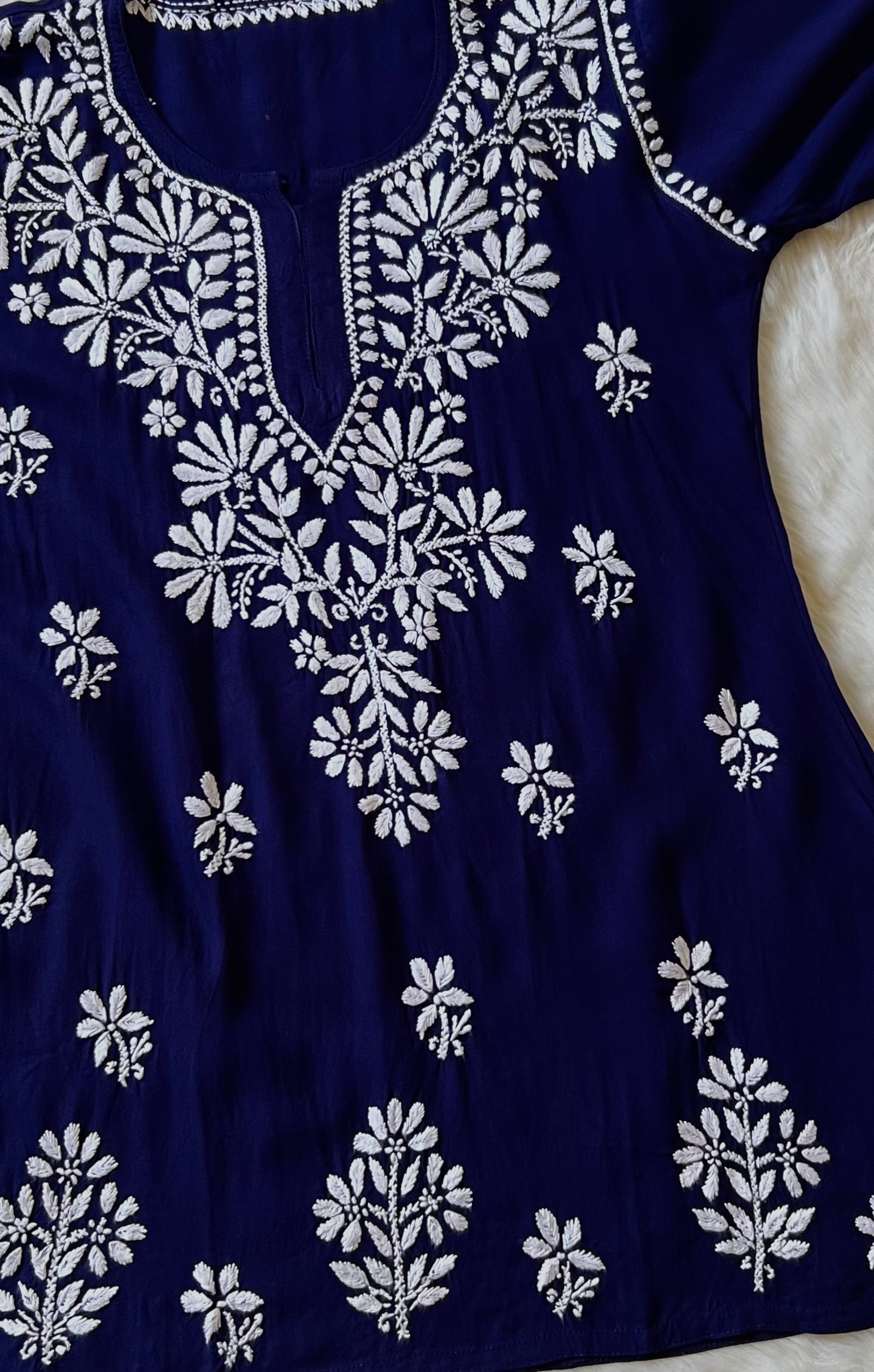 Navy Blue Short Rayon Kurta with White Chikankari