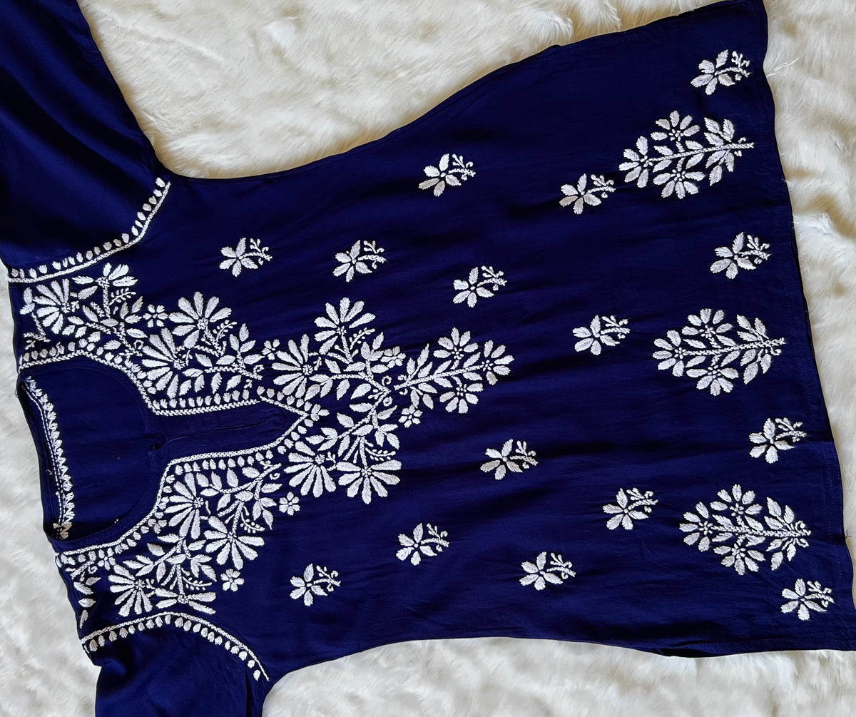 Navy Blue Short Rayon Kurta with White Chikankari