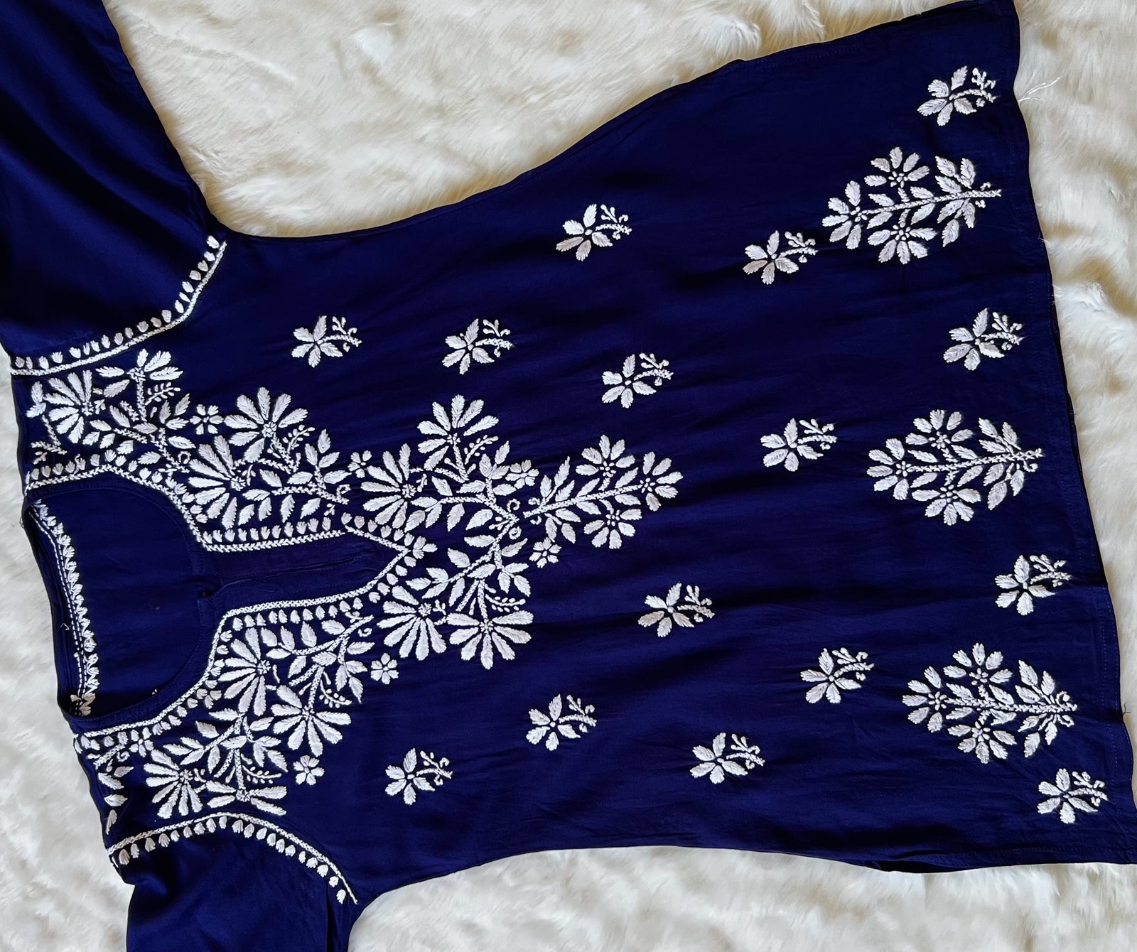 Navy Blue Short Rayon Kurta with White Chikankari