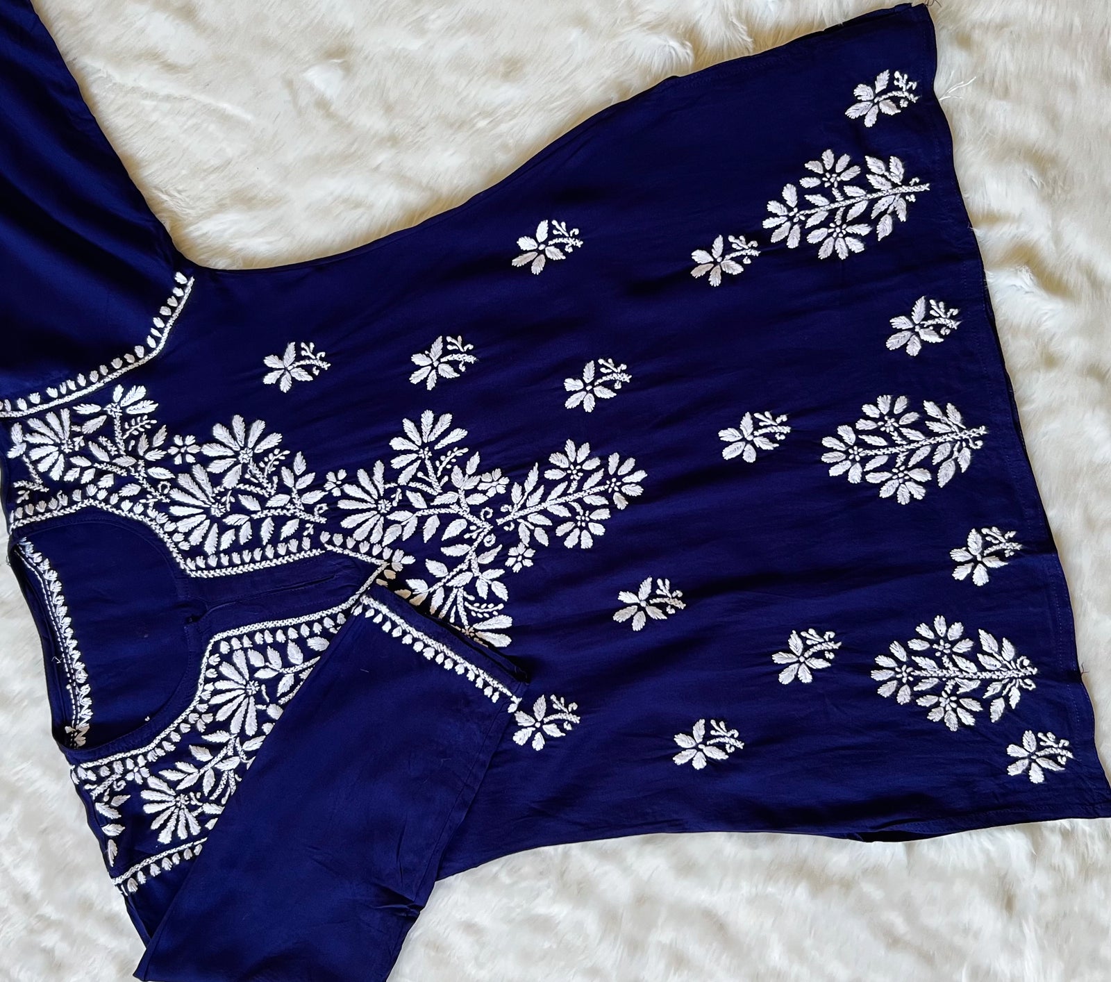 Navy Blue Short Rayon Kurta with White Chikankari