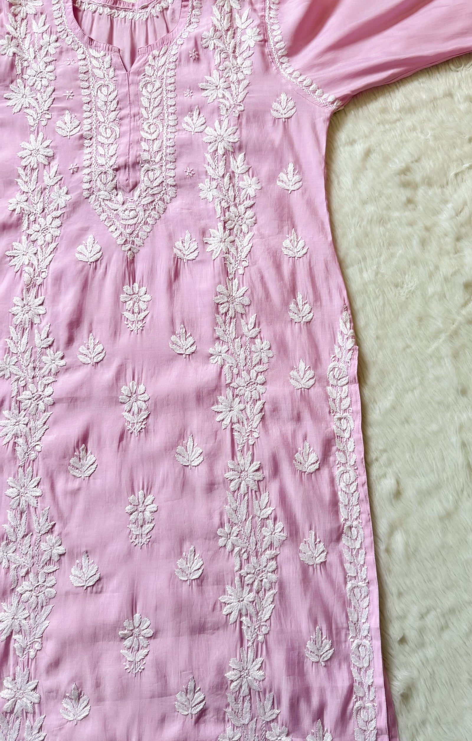 Noor Baby Pink Chanderi Chikankari Long Kurti