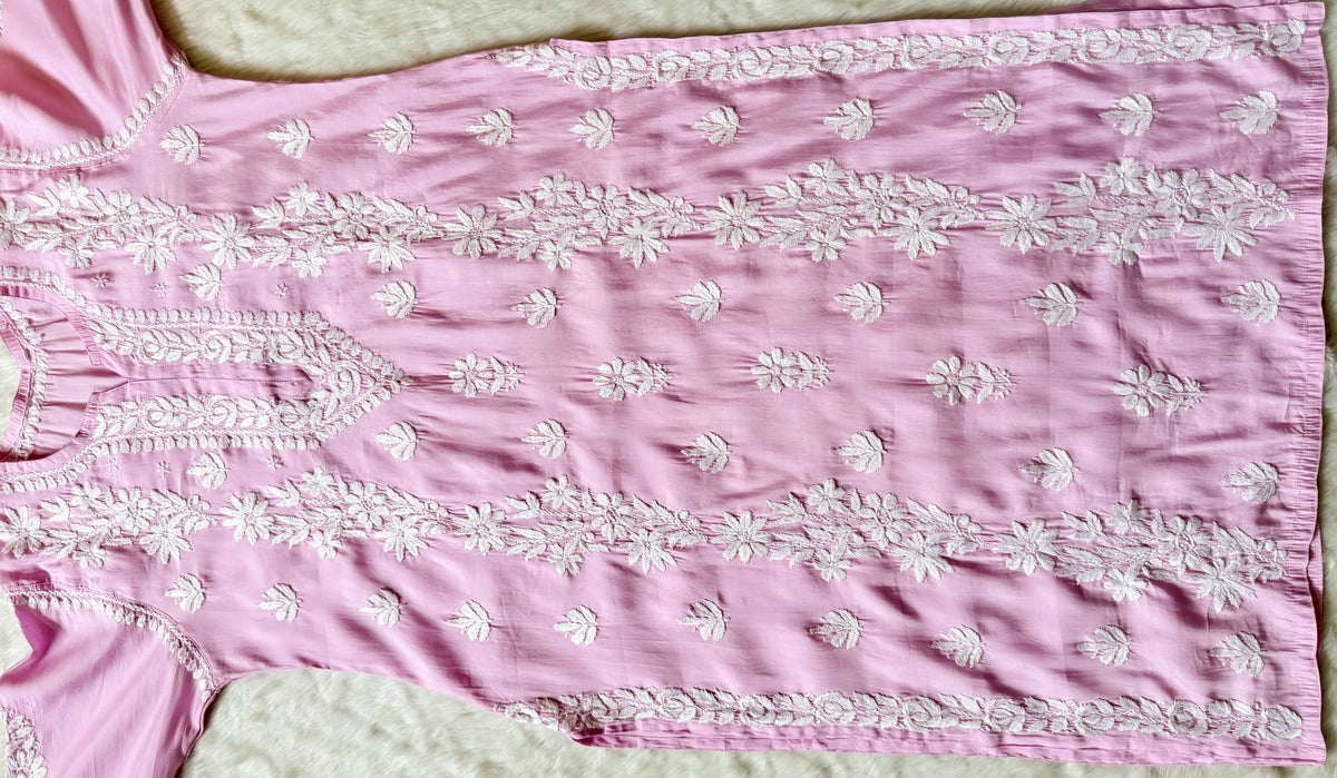 Noor Baby Pink Chanderi Chikankari Long Kurti