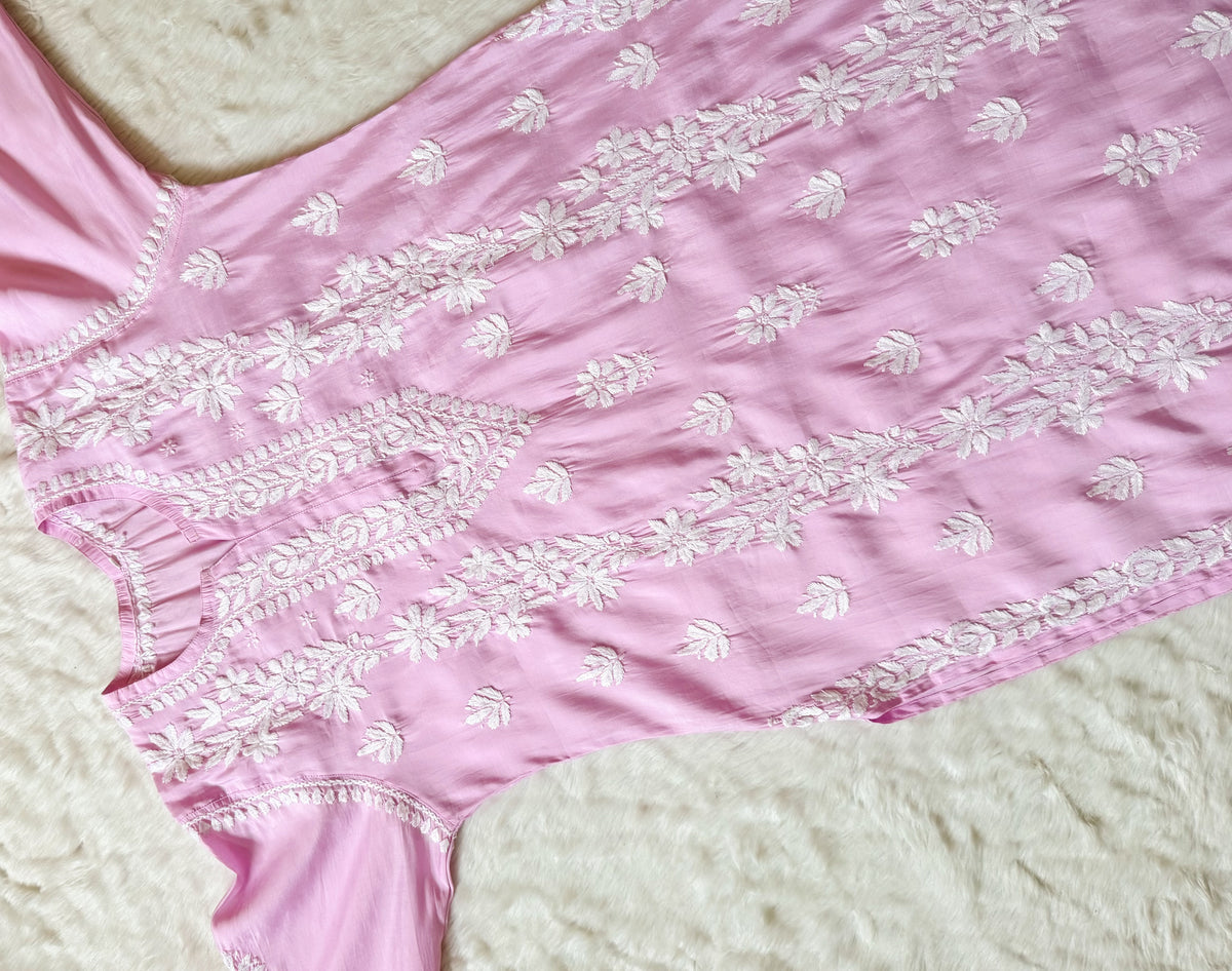Noor Baby Pink Chanderi Chikankari Long Kurti