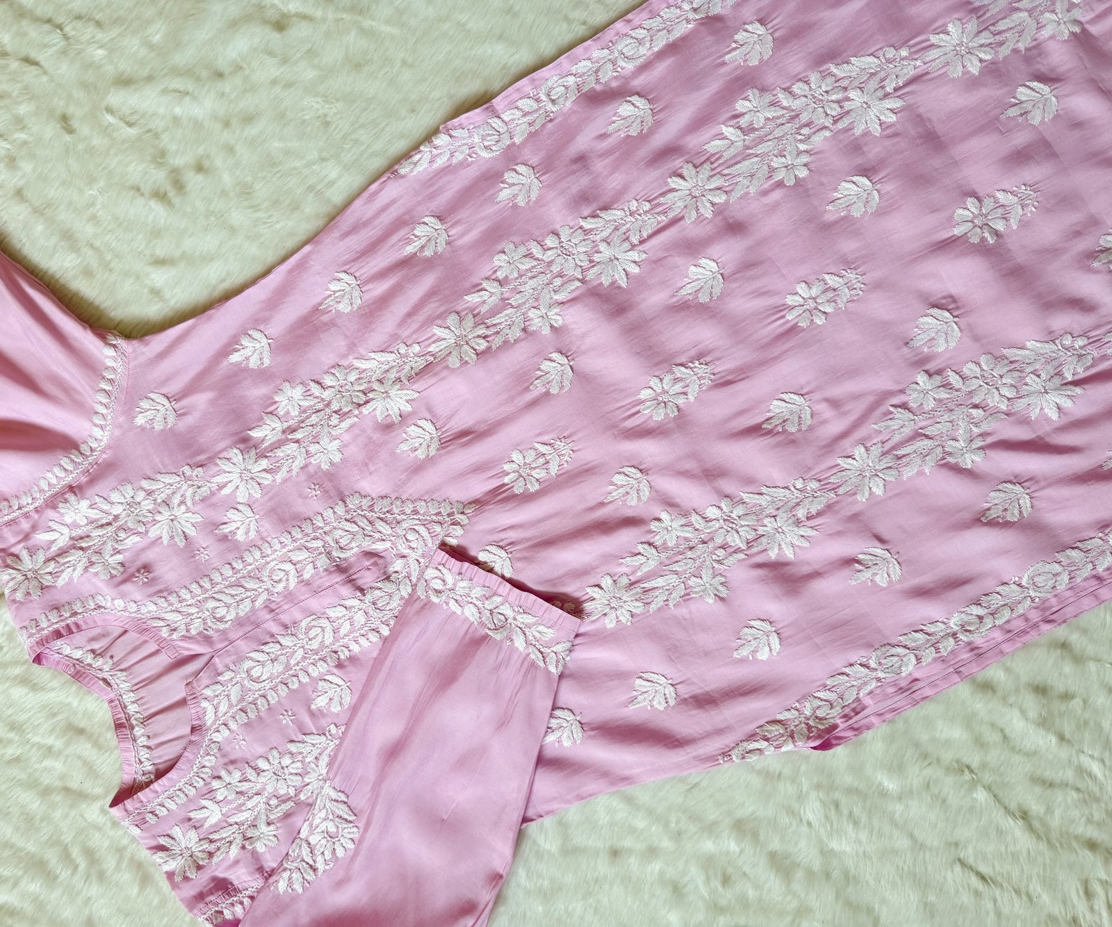 Noor Baby Pink Chanderi Chikankari Long Kurti
