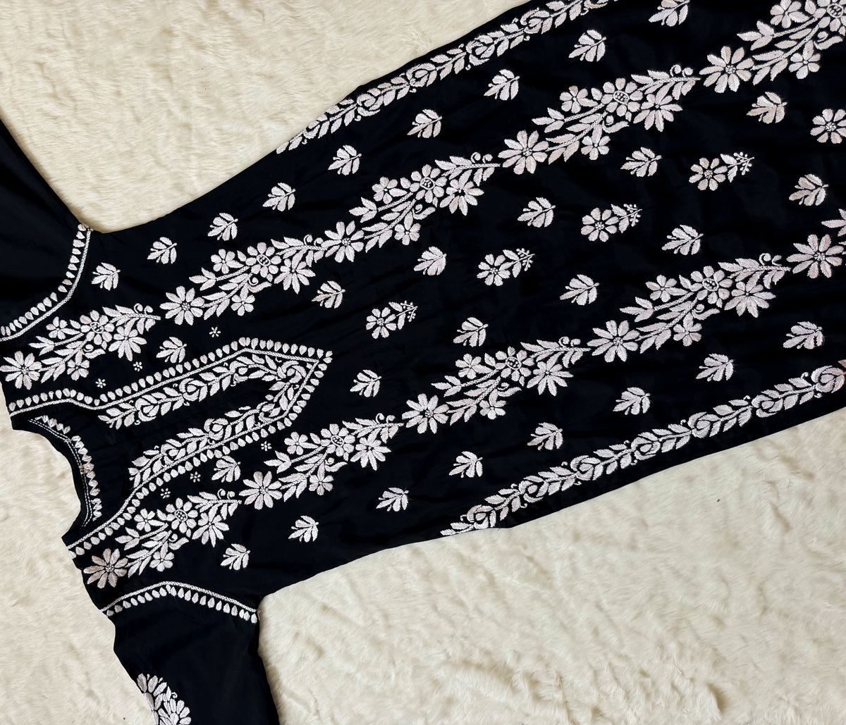 Noor Black Chanderi Chikankari Long Kurti