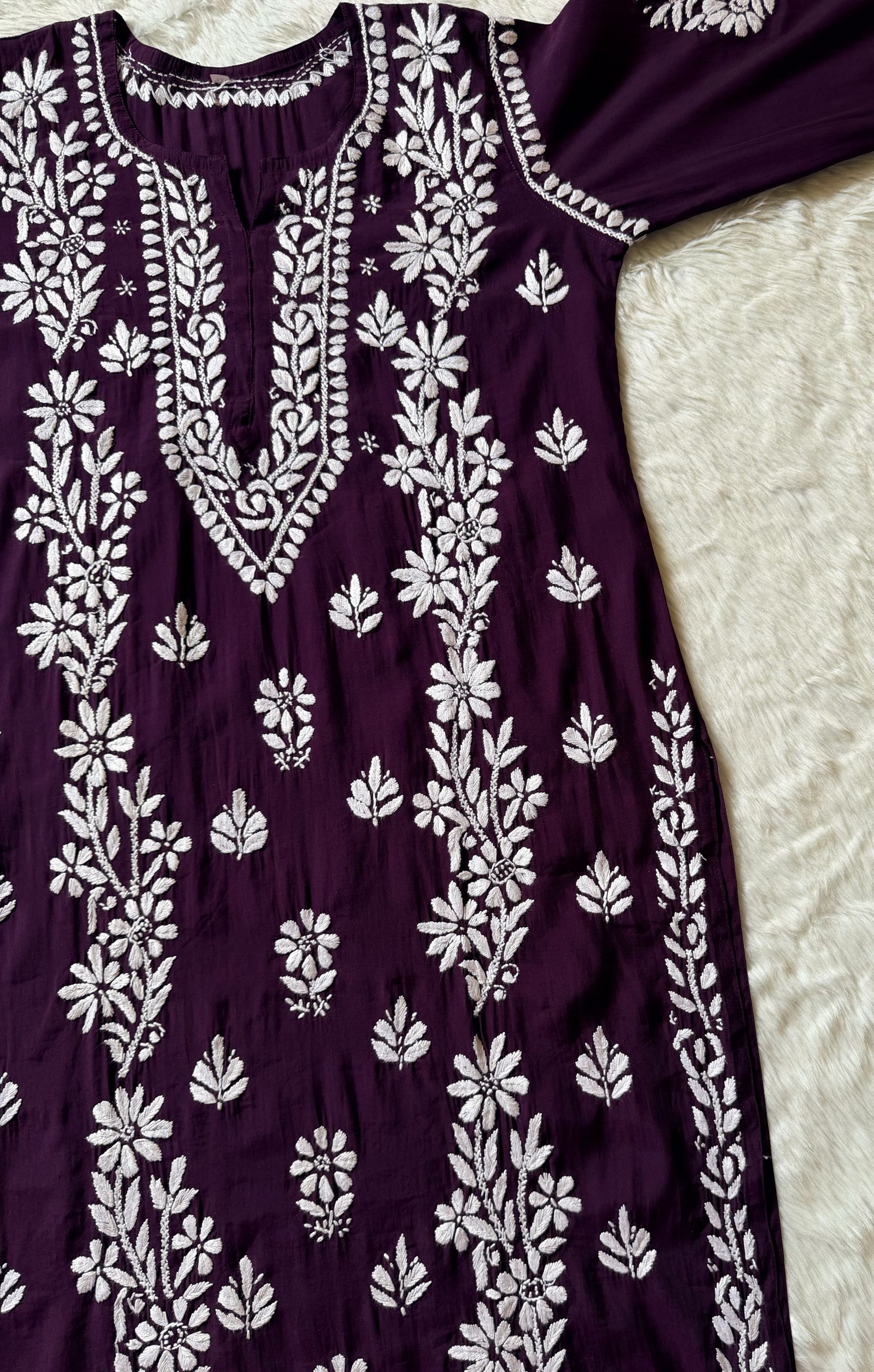 Noor Dark Purple Chanderi Chikankari Long Kurti