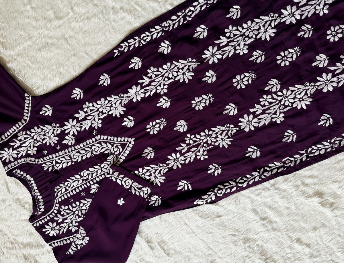 Noor Dark Purple Chanderi Chikankari Long Kurti