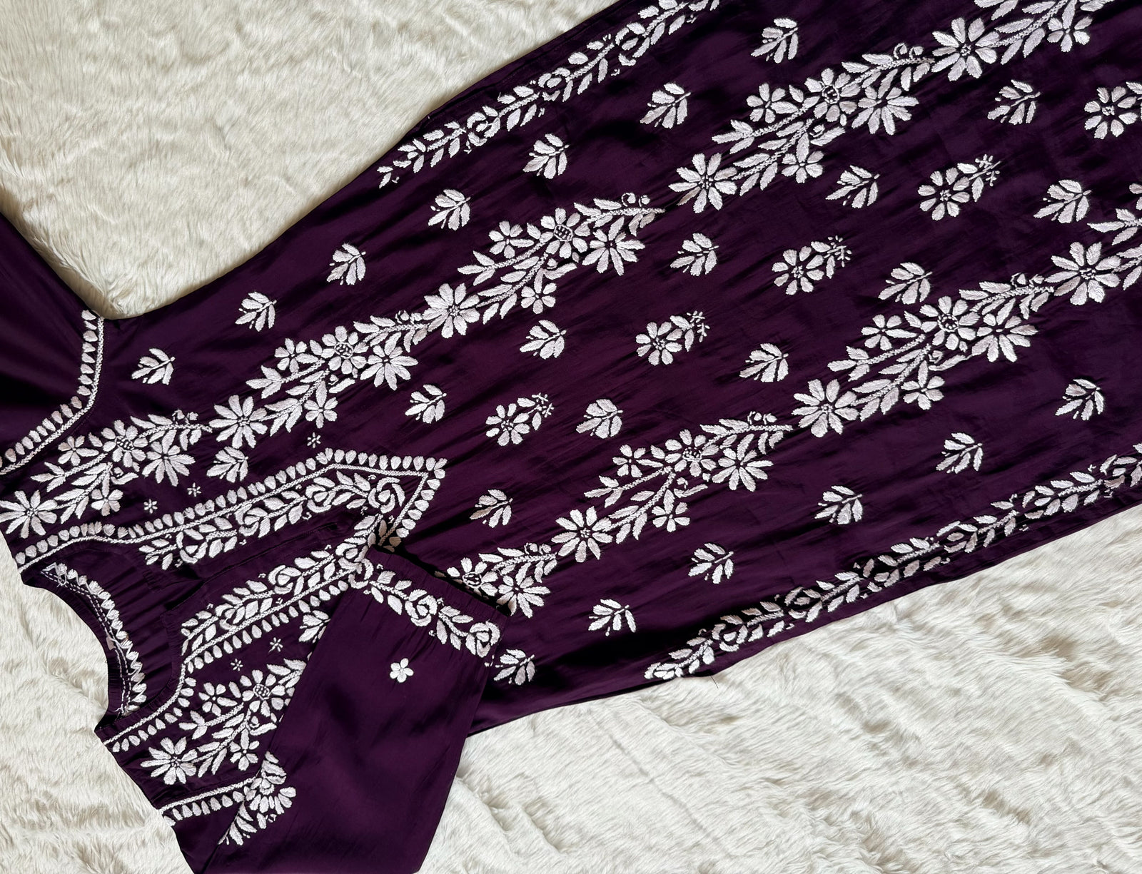 Noor Dark Purple Chanderi Chikankari Long Kurti