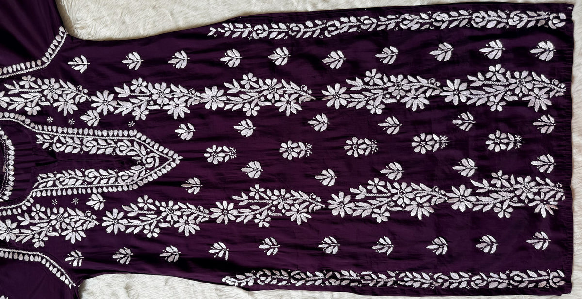 Noor Dark Purple Chanderi Chikankari Long Kurti