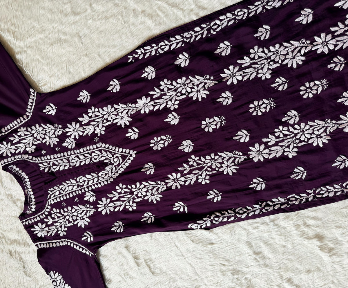 Noor Dark Purple Chanderi Chikankari Long Kurti