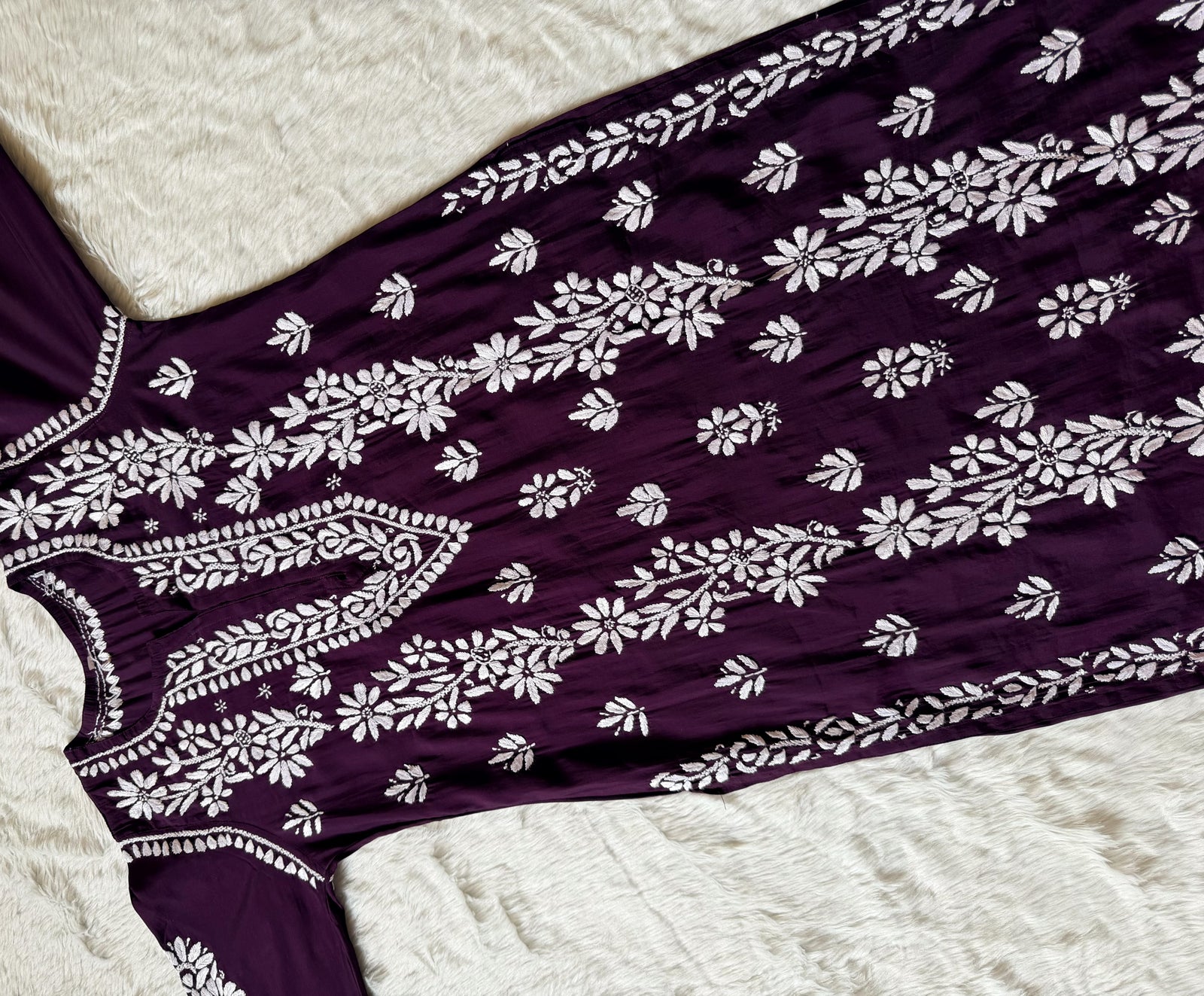 Noor Dark Purple Chanderi Chikankari Long Kurti