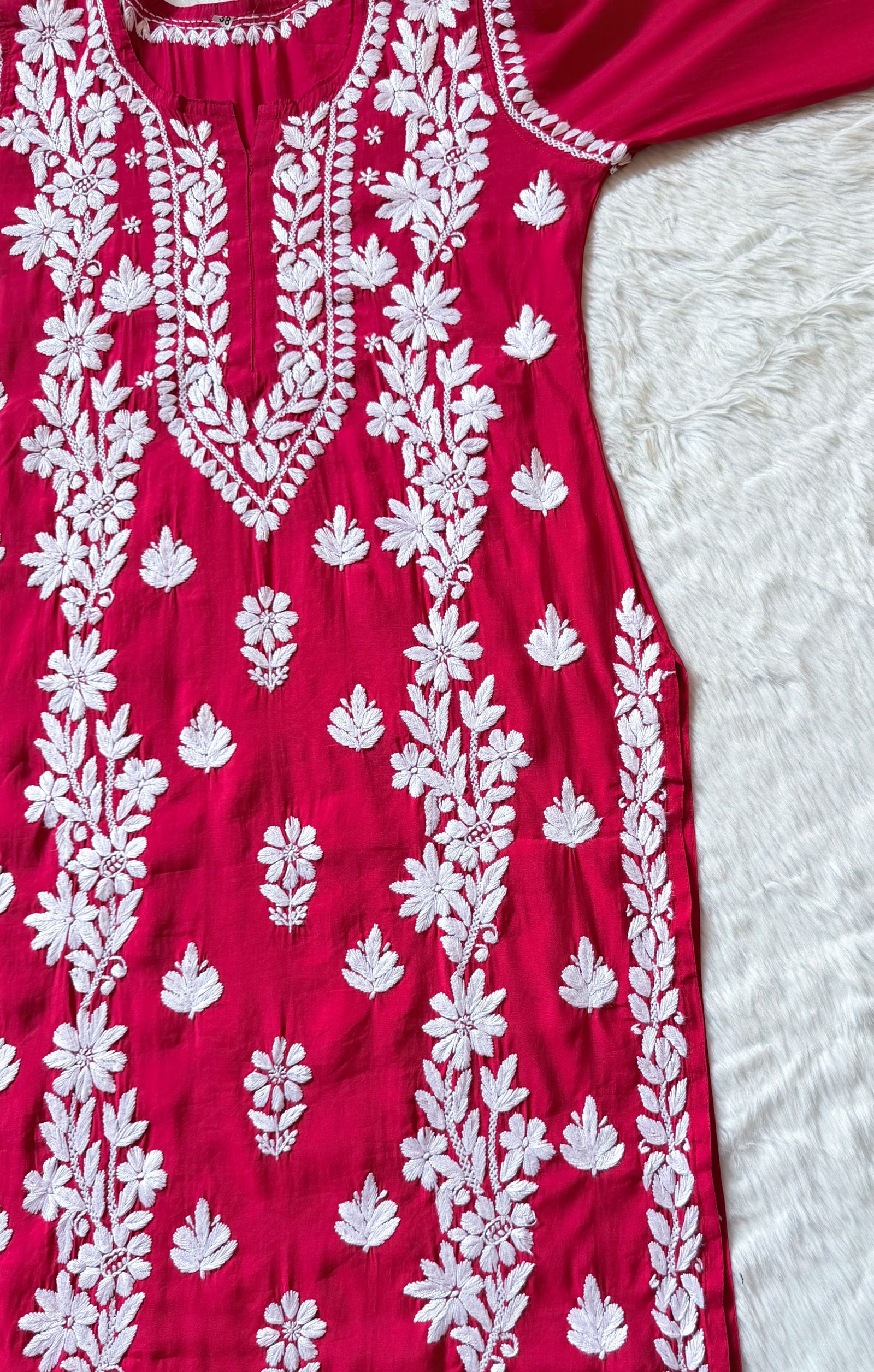 Noor Hot Pink Chanderi Chikankari Long Kurti