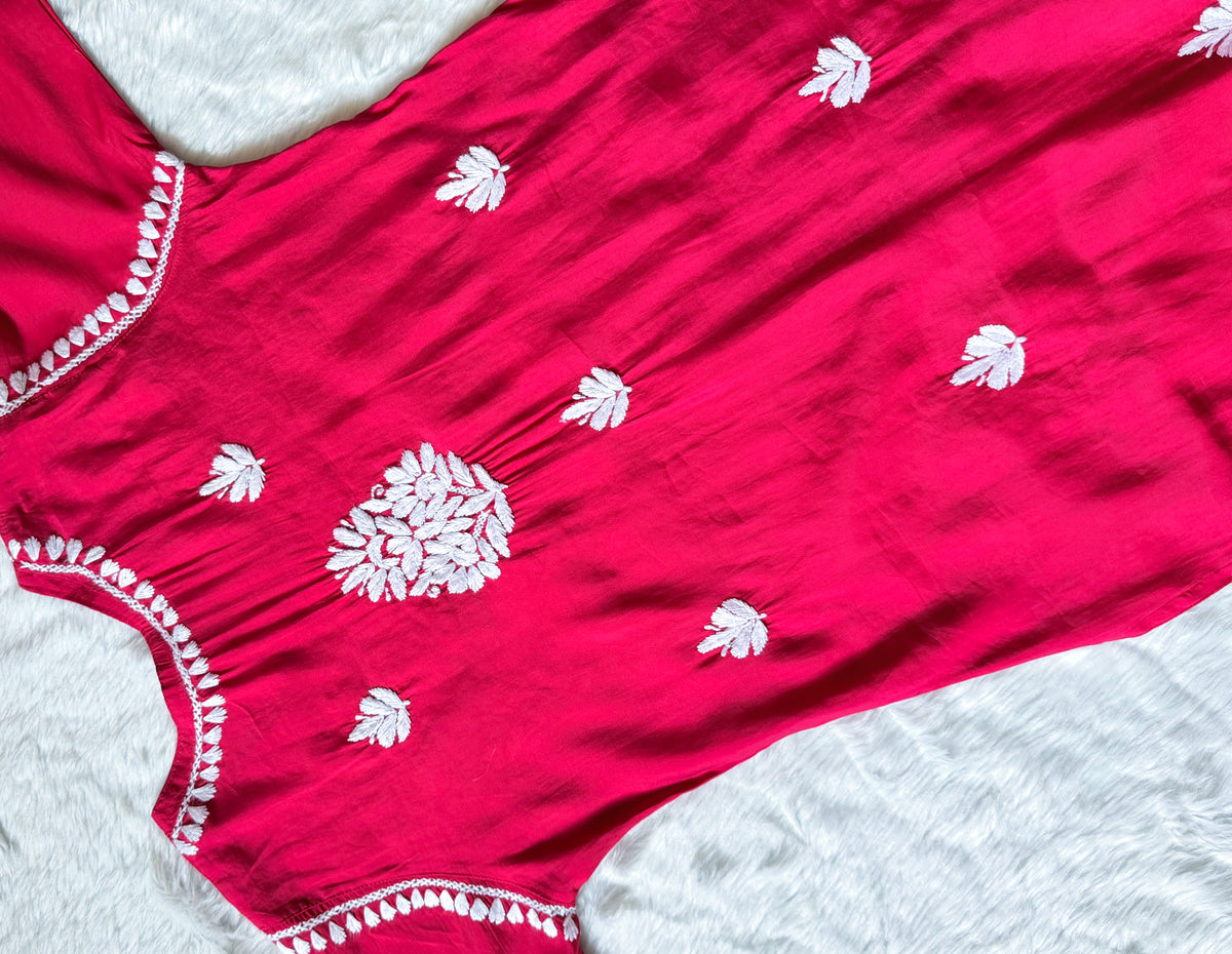 Noor Hot Pink Chanderi Chikankari Long Kurti